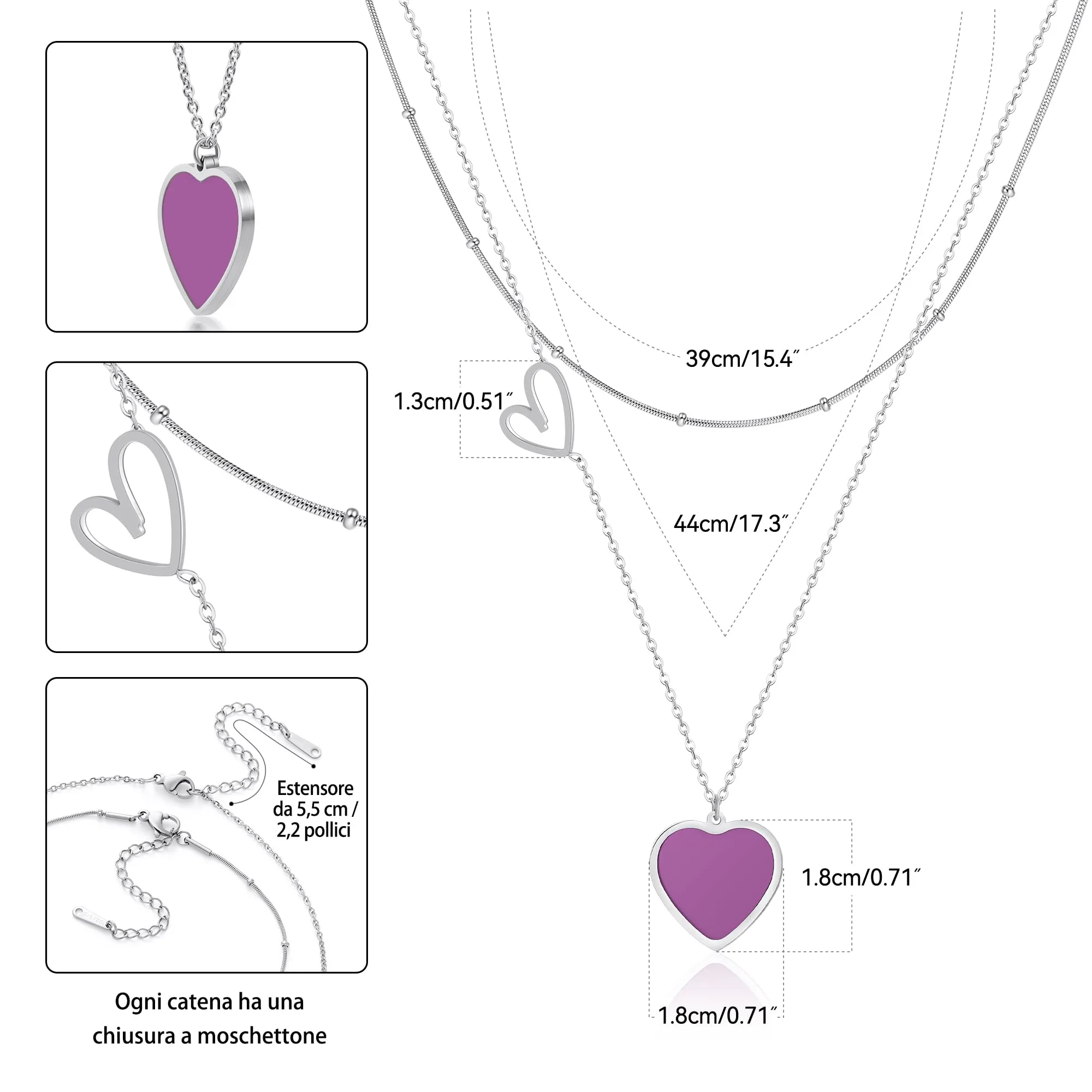 Linawe Collana a cuore in acciaio inossidabile, argento e viola - immagine 5