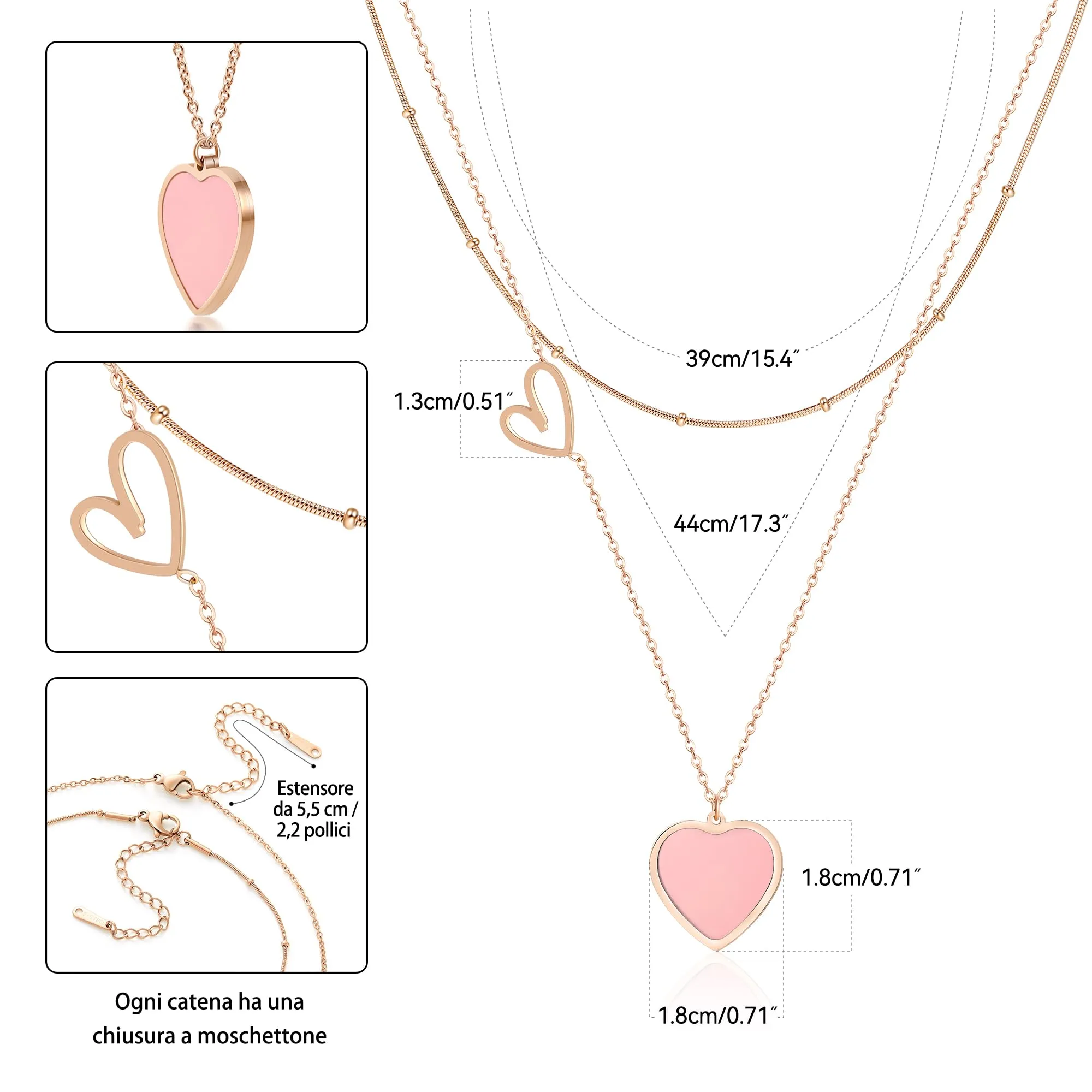 Linawe Collana a Cuore a Strati in Acciaio Inossidabile, Oro Rosa e Rosa - immagine 5