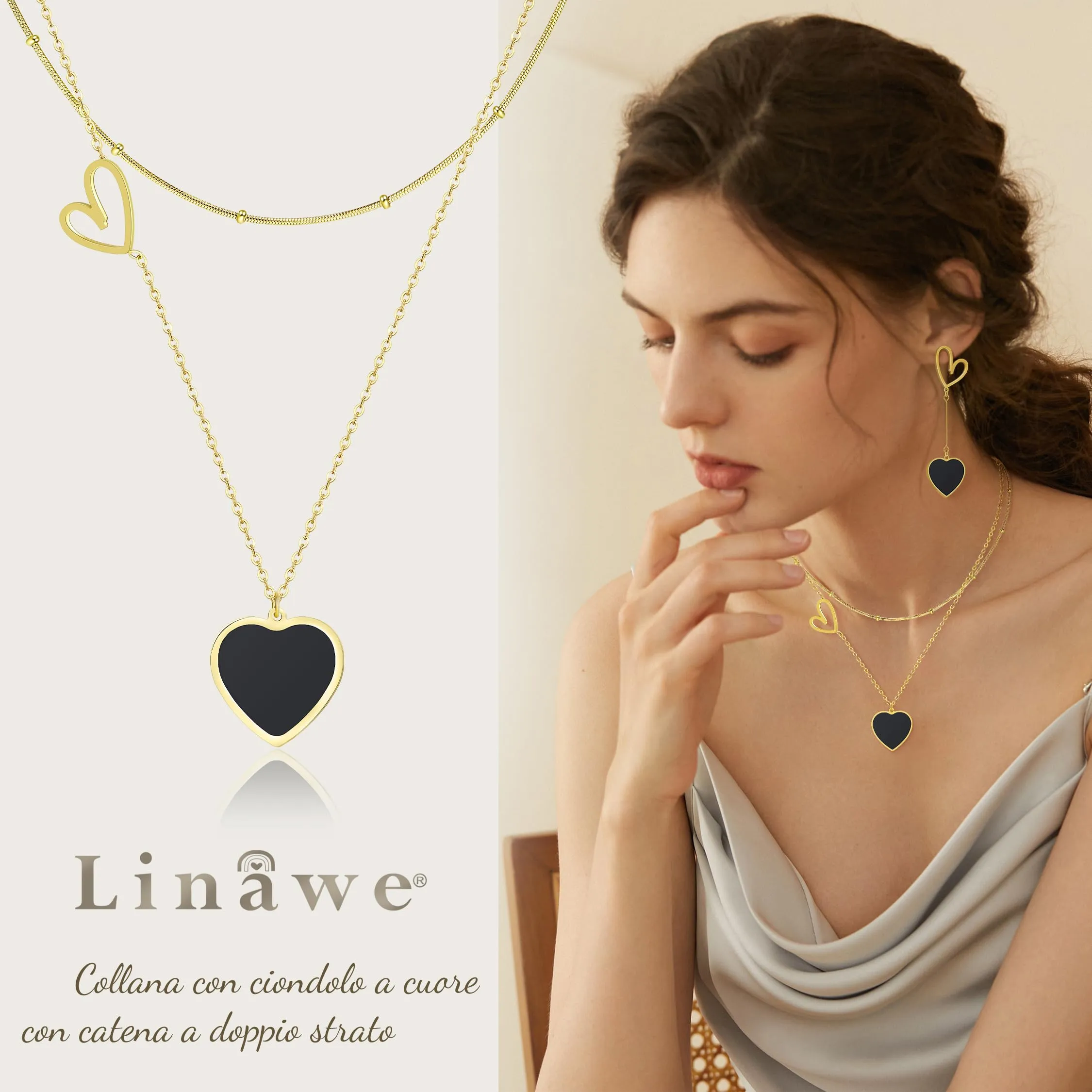 Linawe Collana a strati con ciondolo a cuore in acciaio inossidabile placcato oro, Nero e Oro giallo - immagine 2