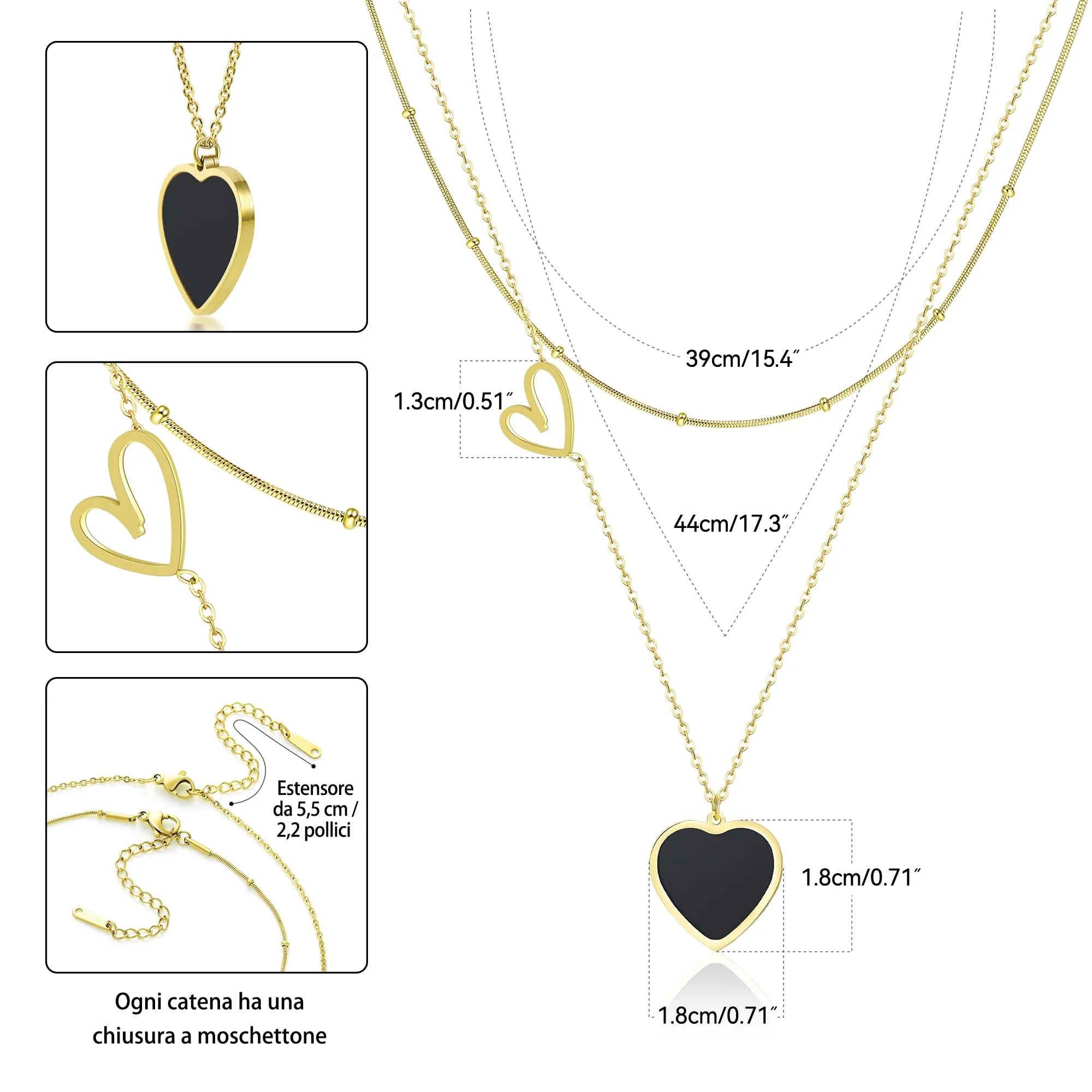 Linawe Collana a strati con ciondolo a cuore in acciaio inossidabile placcato oro, Nero e Oro giallo - immagine 5
