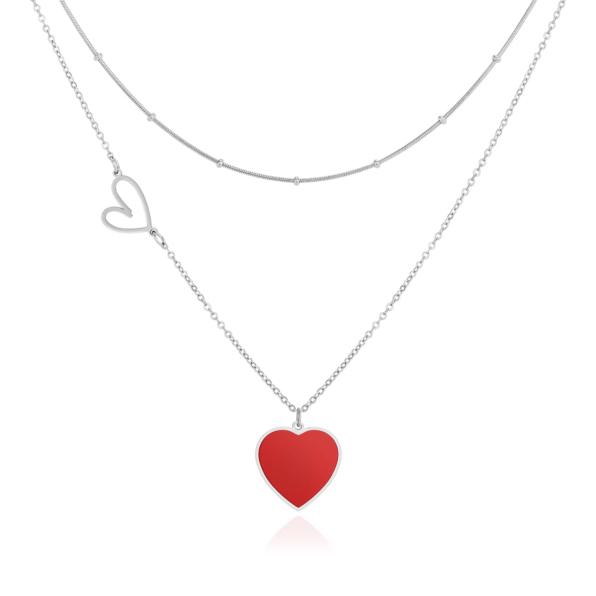 Linawe Collana a Cuore Rosso da Donna, Set di Gioielli a Strati in Acciaio Inossidabile Argento - immagine 1