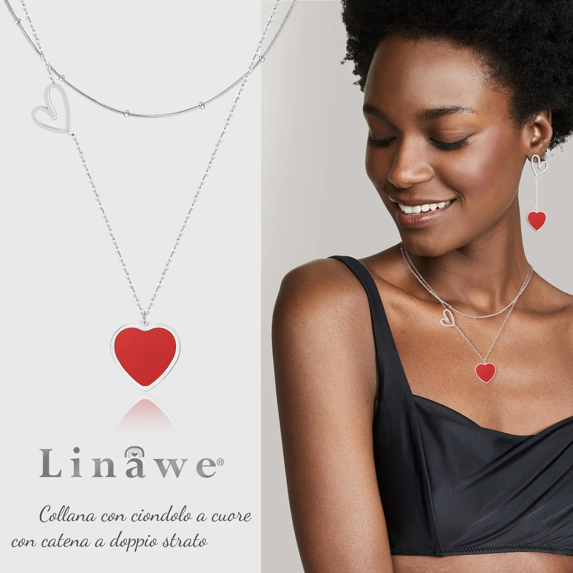 Linawe Collana a Cuore Rosso da Donna, Set di Gioielli a Strati in Acciaio Inossidabile Argento - immagine 2