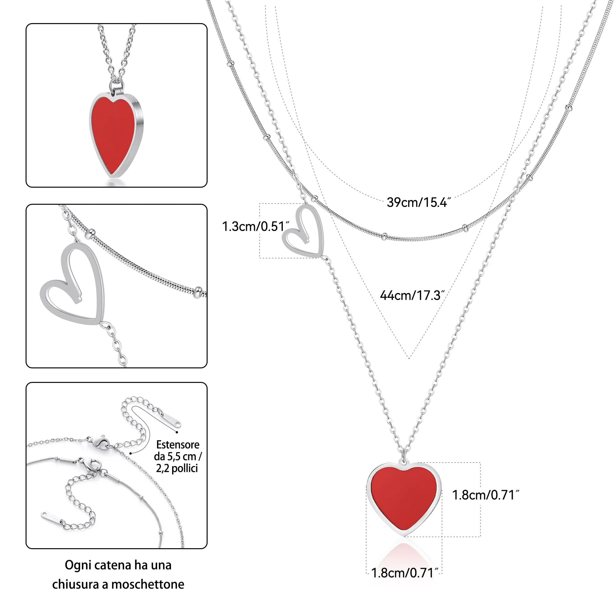 Linawe Collana a Cuore Rosso da Donna, Set di Gioielli a Strati in Acciaio Inossidabile Argento - immagine 5