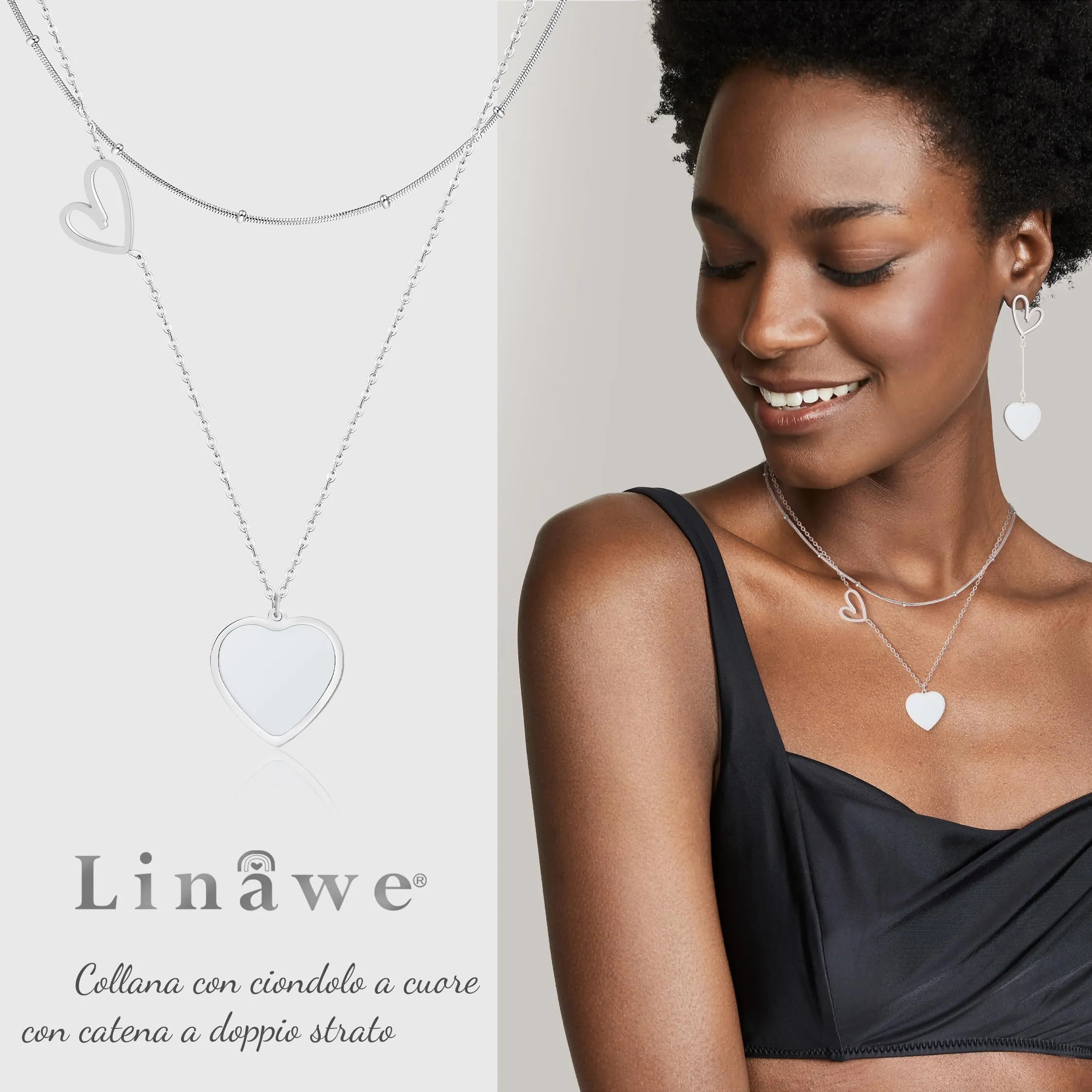 Linawe Collana a cuore da donna in acciaio inossidabile, set di catenine a doppio strato, Argento e Bianco - immagine 2