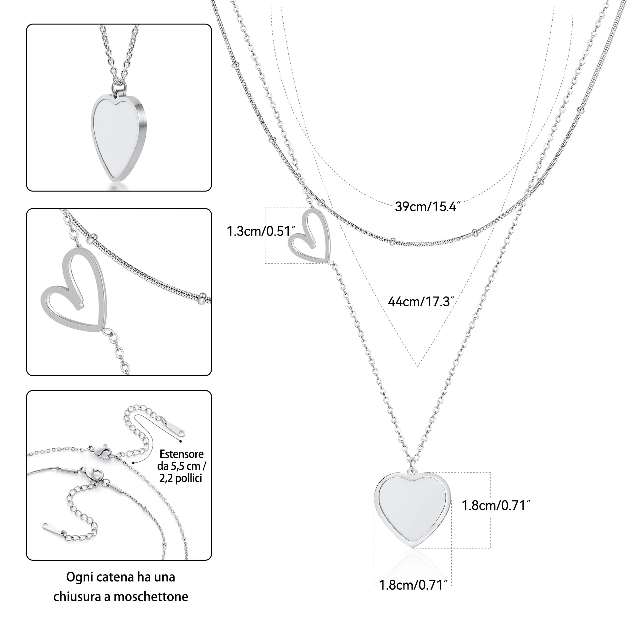 Linawe Collana a cuore da donna in acciaio inossidabile, set di catenine a doppio strato, Argento e Bianco - immagine 5