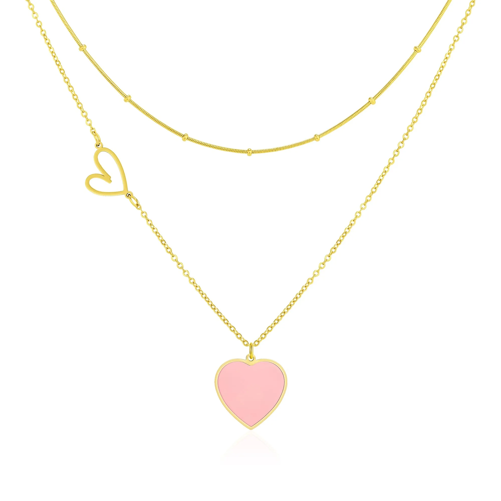 Linawe Collana a Catena a Strati con Ciondolo a Cuore in Acciaio Inossidabile Placcato Oro, Rosa - immagine 1