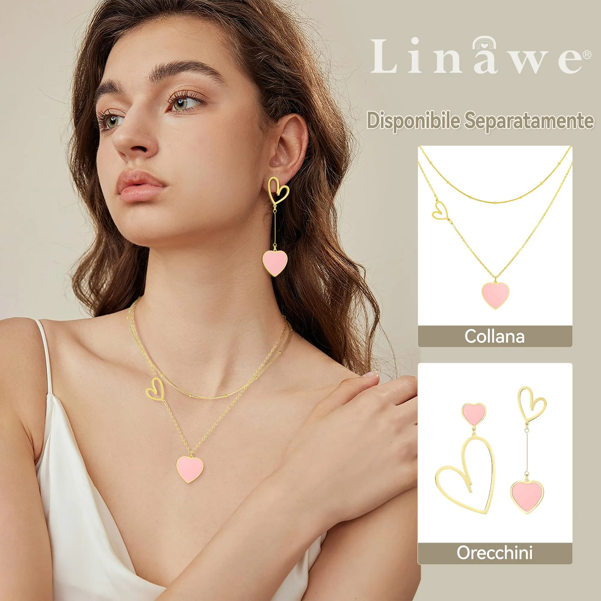 Linawe Collana a Catena a Strati con Ciondolo a Cuore in Acciaio Inossidabile Placcato Oro, Rosa - immagine 3