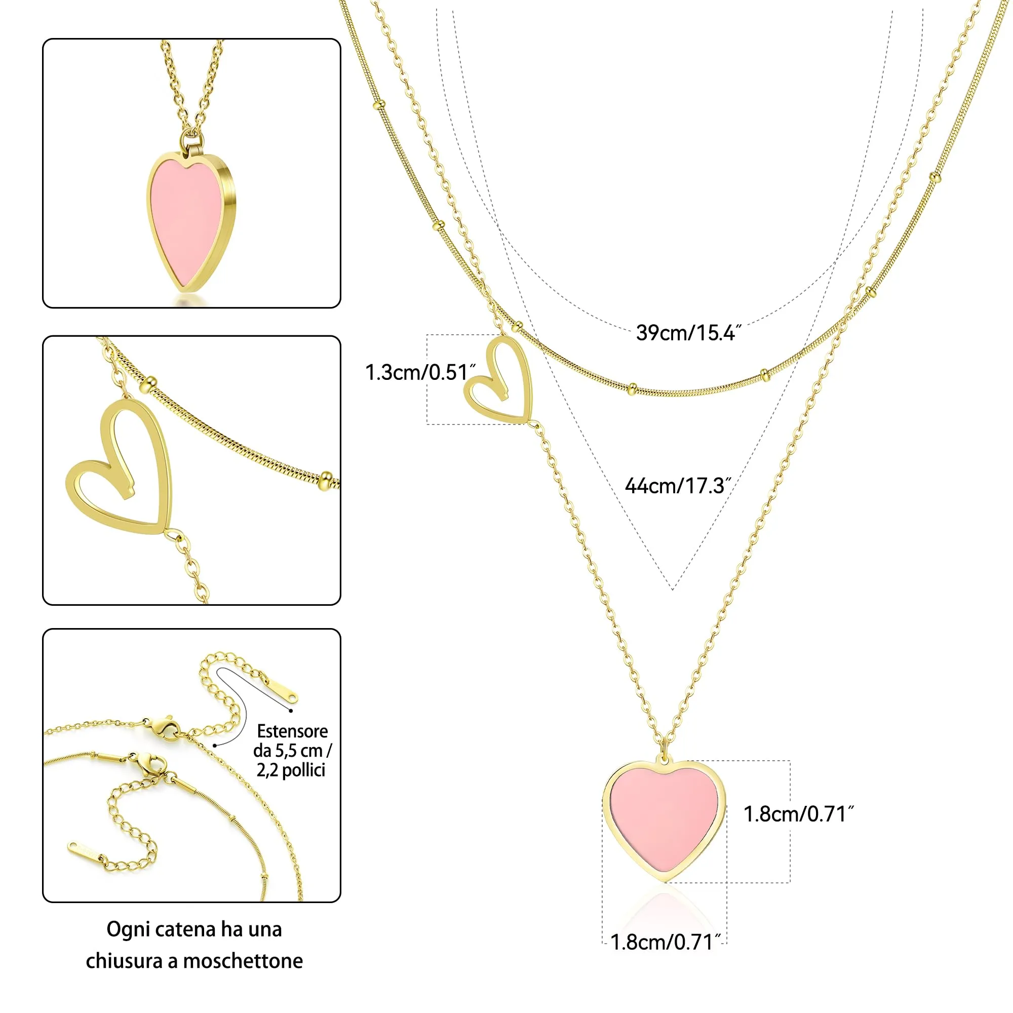 Linawe Collana a Catena a Strati con Ciondolo a Cuore in Acciaio Inossidabile Placcato Oro, Rosa - immagine 5