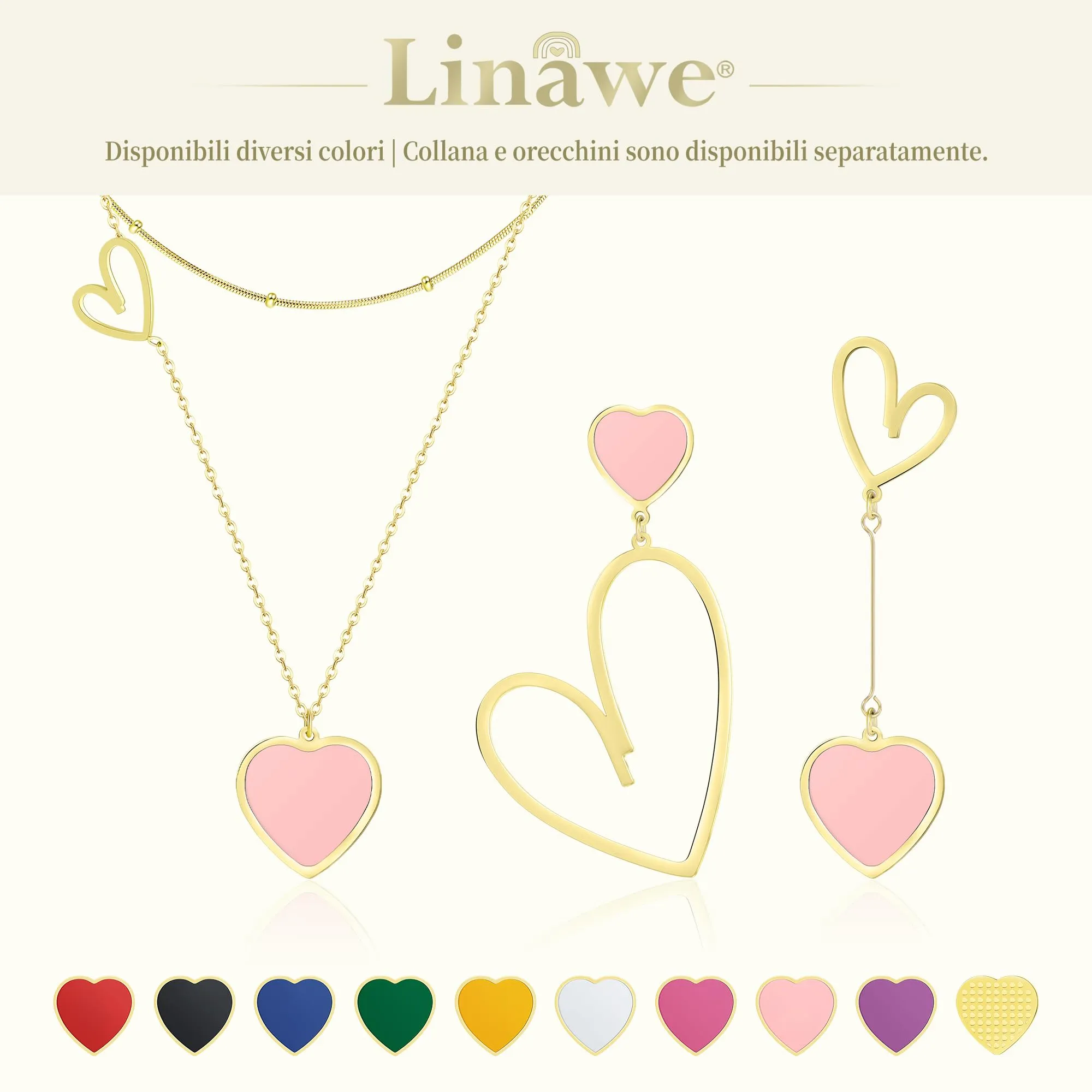 Linawe Collana a Catena a Strati con Ciondolo a Cuore in Acciaio Inossidabile Placcato Oro, Rosa - immagine 6