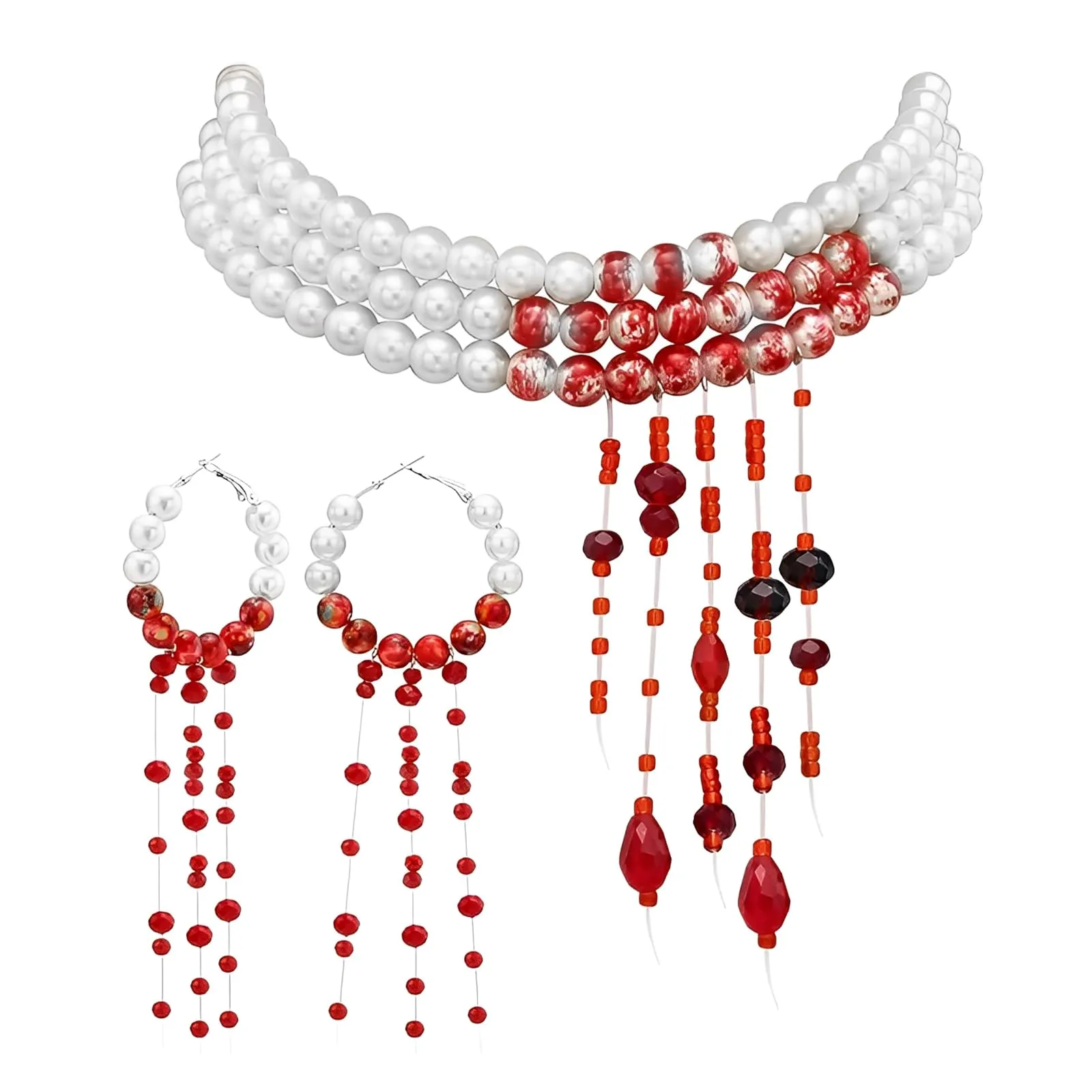 WEINIBAO Collana e Orecchini di Perle Gocce di Sangue per Halloween e Carnevale (B) - immagine 1