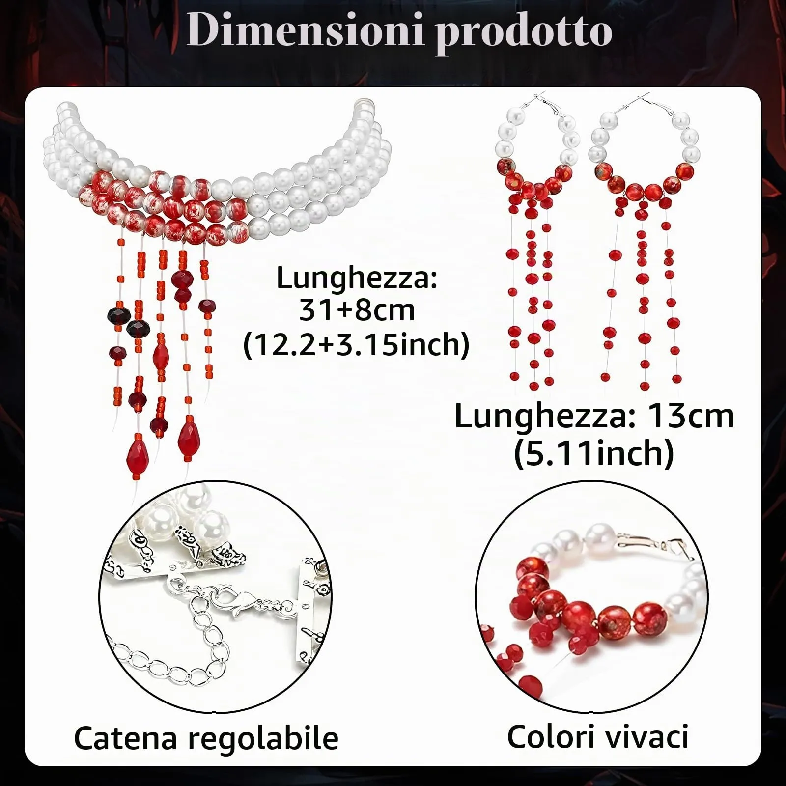 WEINIBAO Collana e Orecchini di Perle Gocce di Sangue per Halloween e Carnevale (B) - immagine 2