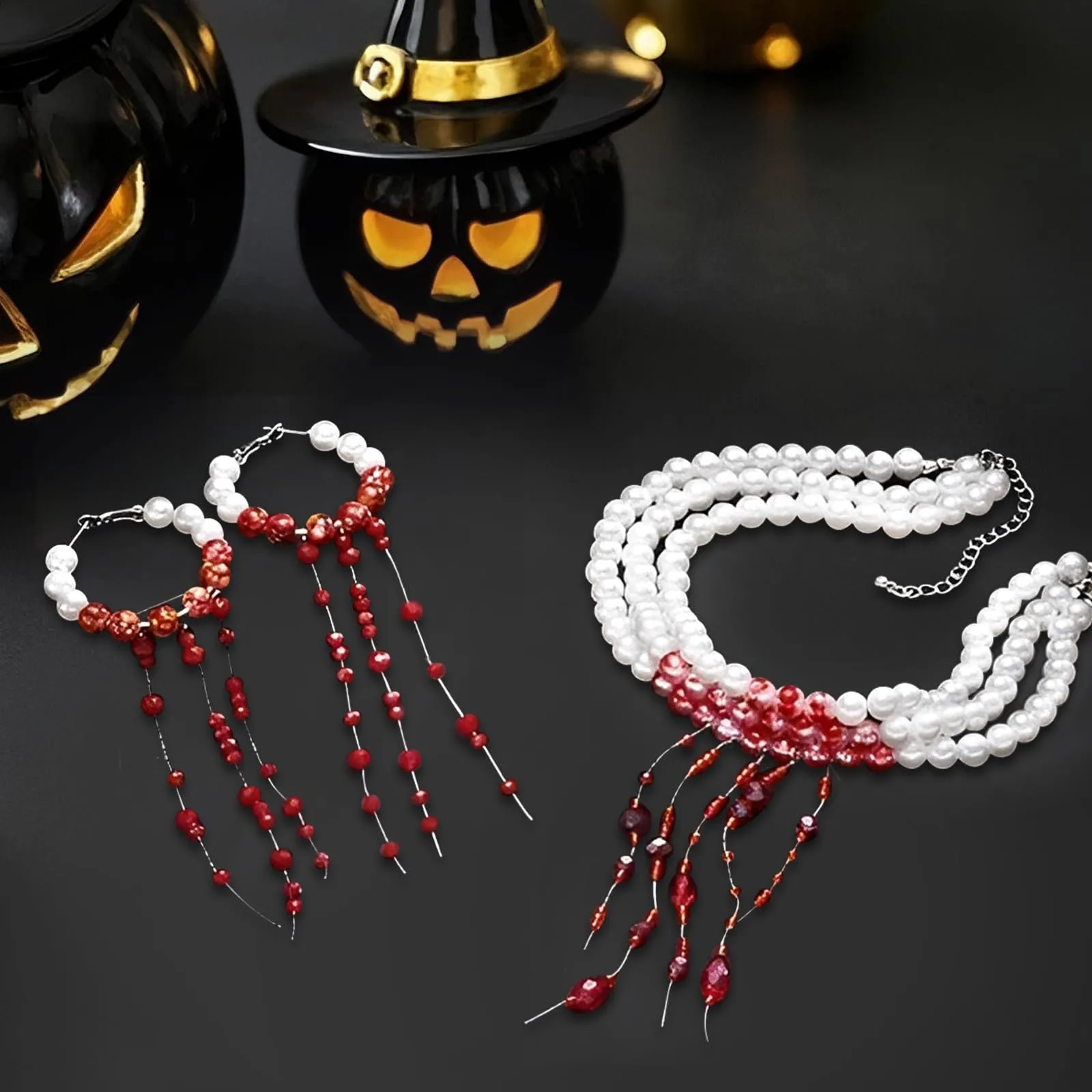 WEINIBAO Collana e Orecchini di Perle Gocce di Sangue per Halloween e Carnevale (B) - immagine 3