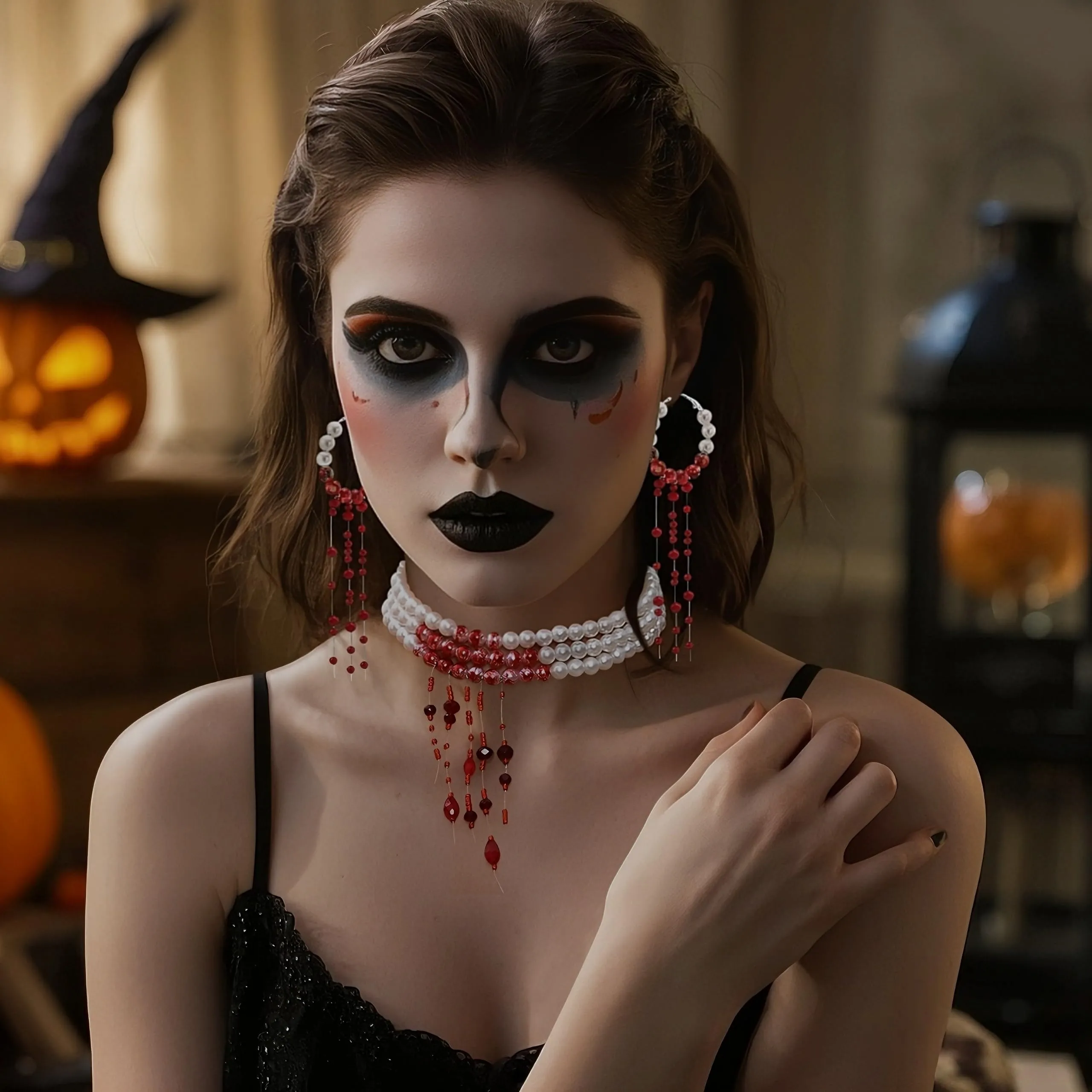 WEINIBAO Collana e Orecchini di Perle Gocce di Sangue per Halloween e Carnevale (B) - immagine 5