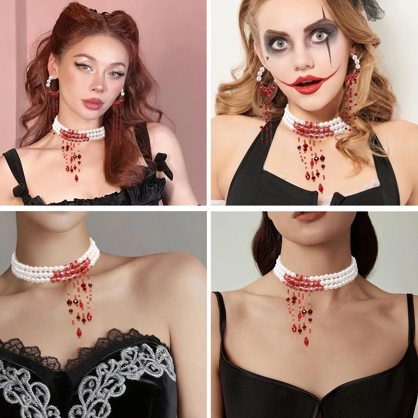 WEINIBAO Collana e Orecchini di Perle Gocce di Sangue per Halloween e Carnevale (B) - immagine 7