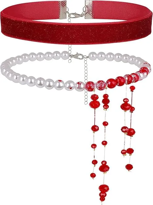 WEINIBAO Collana Perle Sangue con Gocce di Sangue e Velluto Rosso per Halloween e Carnevale (G) - immagine 1