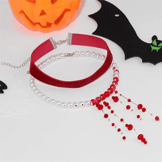 WEINIBAO Collana Perle Sangue con Gocce di Sangue e Velluto Rosso per Halloween e Carnevale (G) - immagine 3