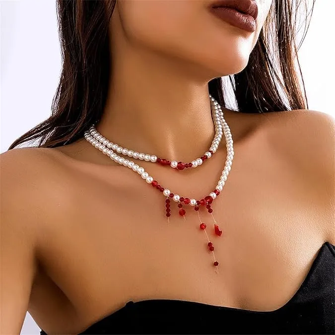 WEINIBAO Collana Perle Sangue per Halloween e Carnevale, Accessorio Costume Donna - immagine 5