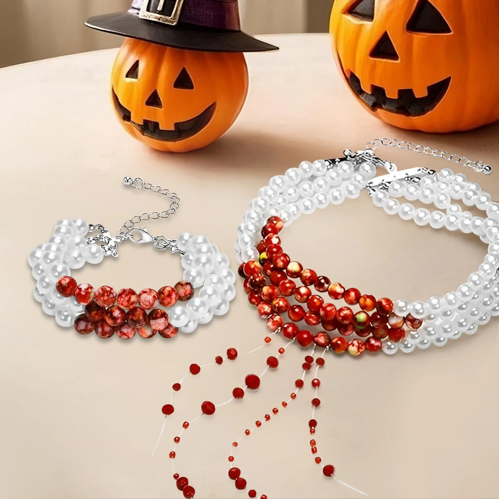 WEINIBAO Set Collana e Bracciale di Perle con Gocce di Sangue per Halloween e Carnevale - immagine 3