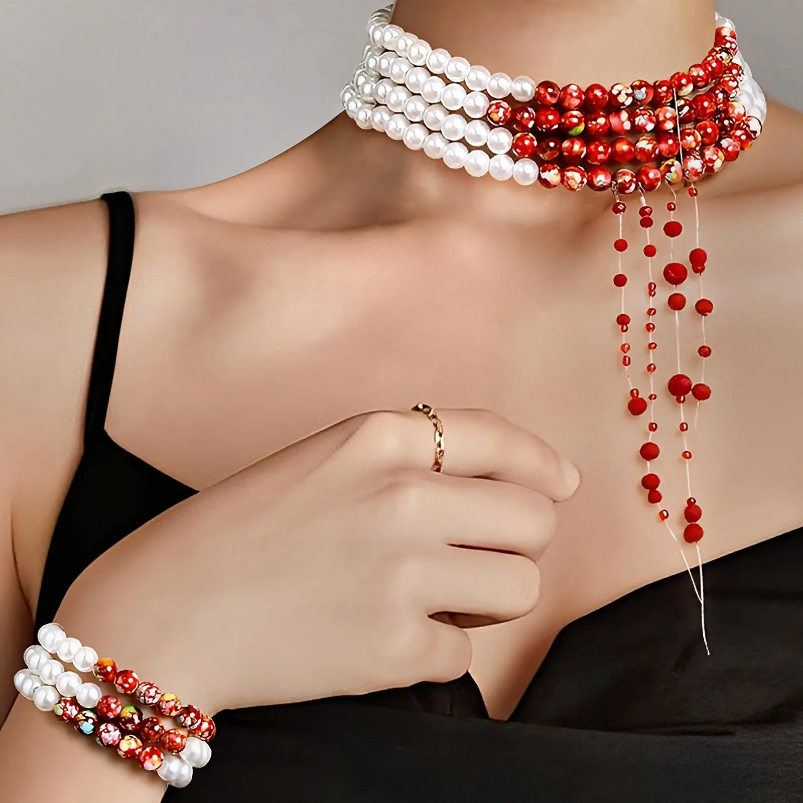 WEINIBAO Set Collana e Bracciale di Perle con Gocce di Sangue per Halloween e Carnevale - immagine 4