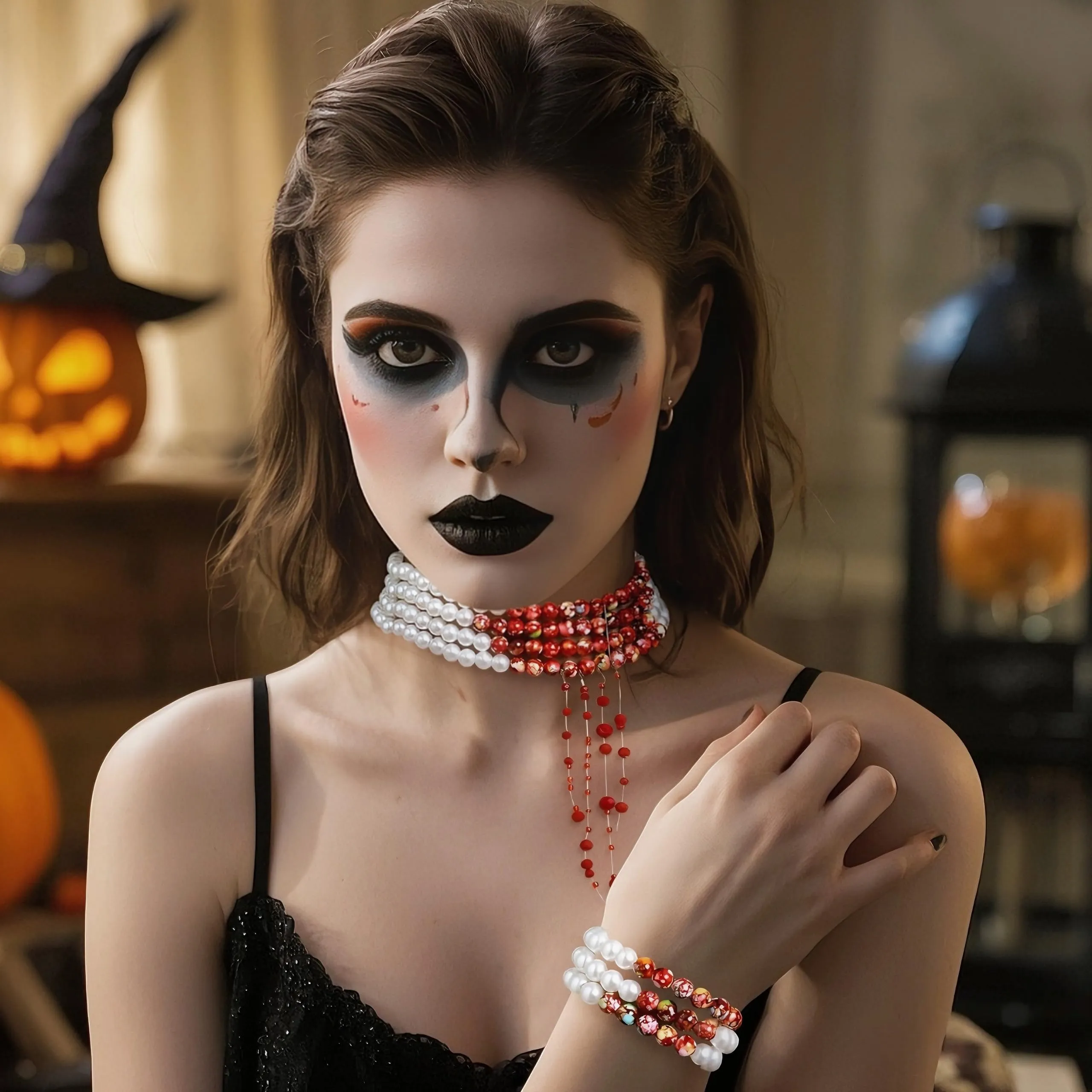 WEINIBAO Set Collana e Bracciale di Perle con Gocce di Sangue per Halloween e Carnevale - immagine 5