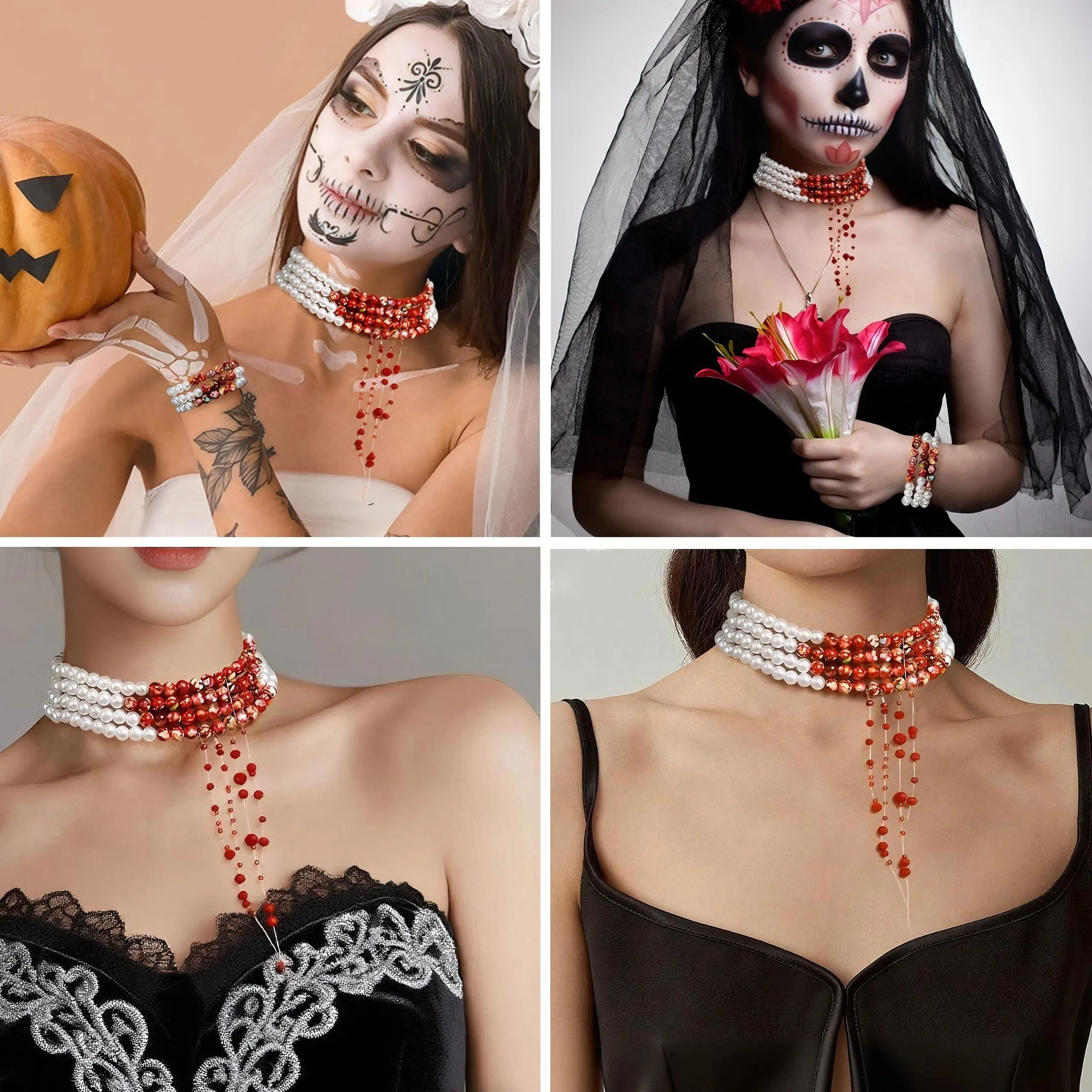 WEINIBAO Set Collana e Bracciale di Perle con Gocce di Sangue per Halloween e Carnevale - immagine 7