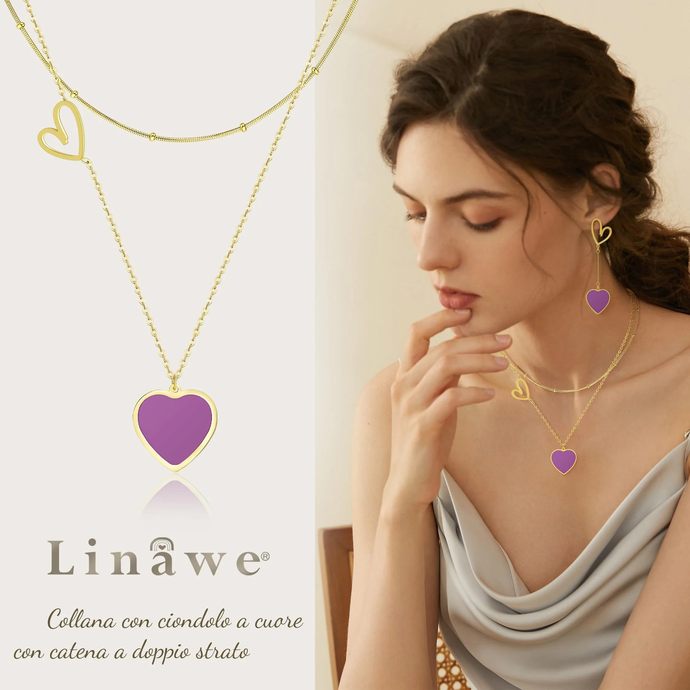 Linawe Collana a Cuore Viola Placcato in Oro in Acciaio Inossidabile - immagine 2