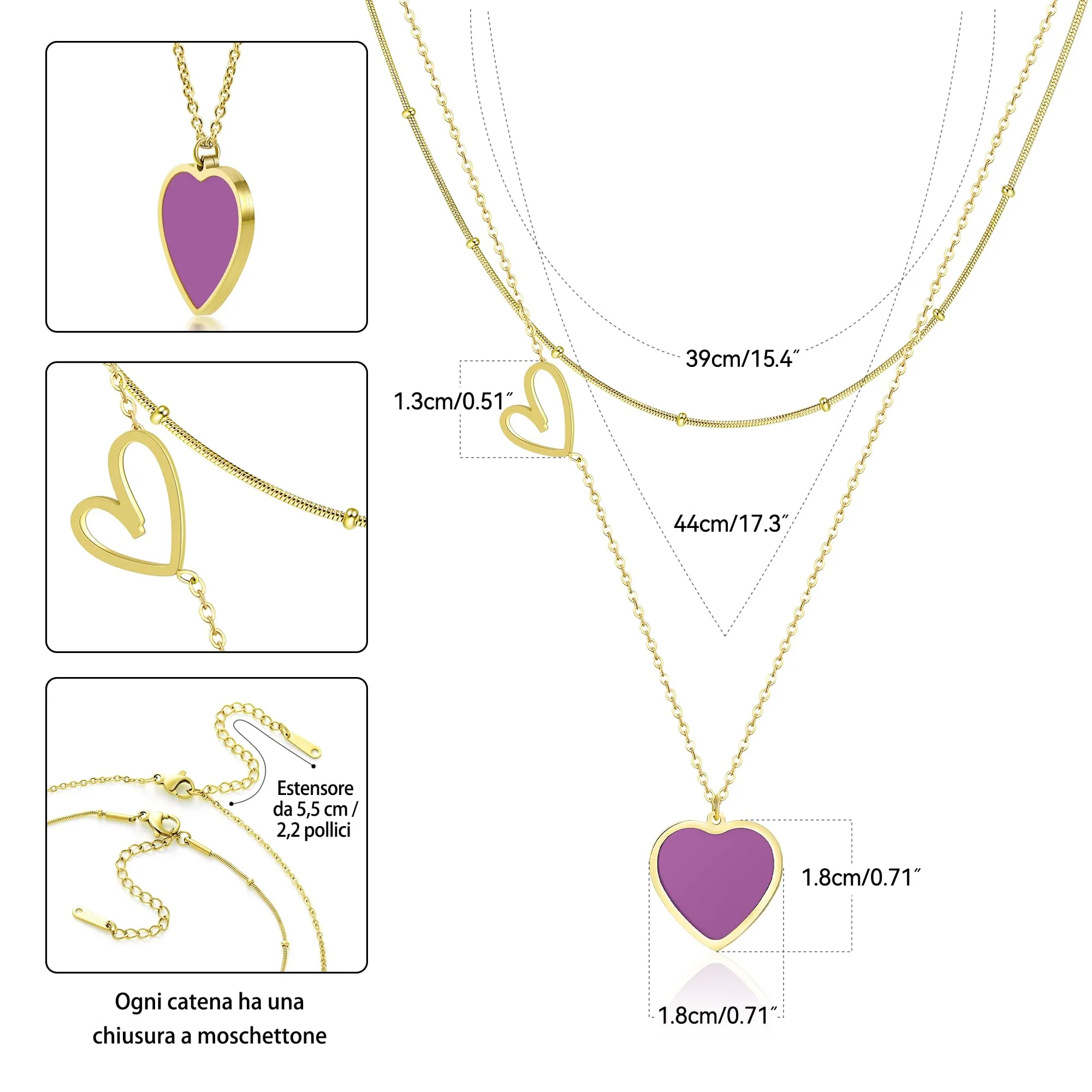 Linawe Collana a Cuore Viola Placcato in Oro in Acciaio Inossidabile - immagine 5