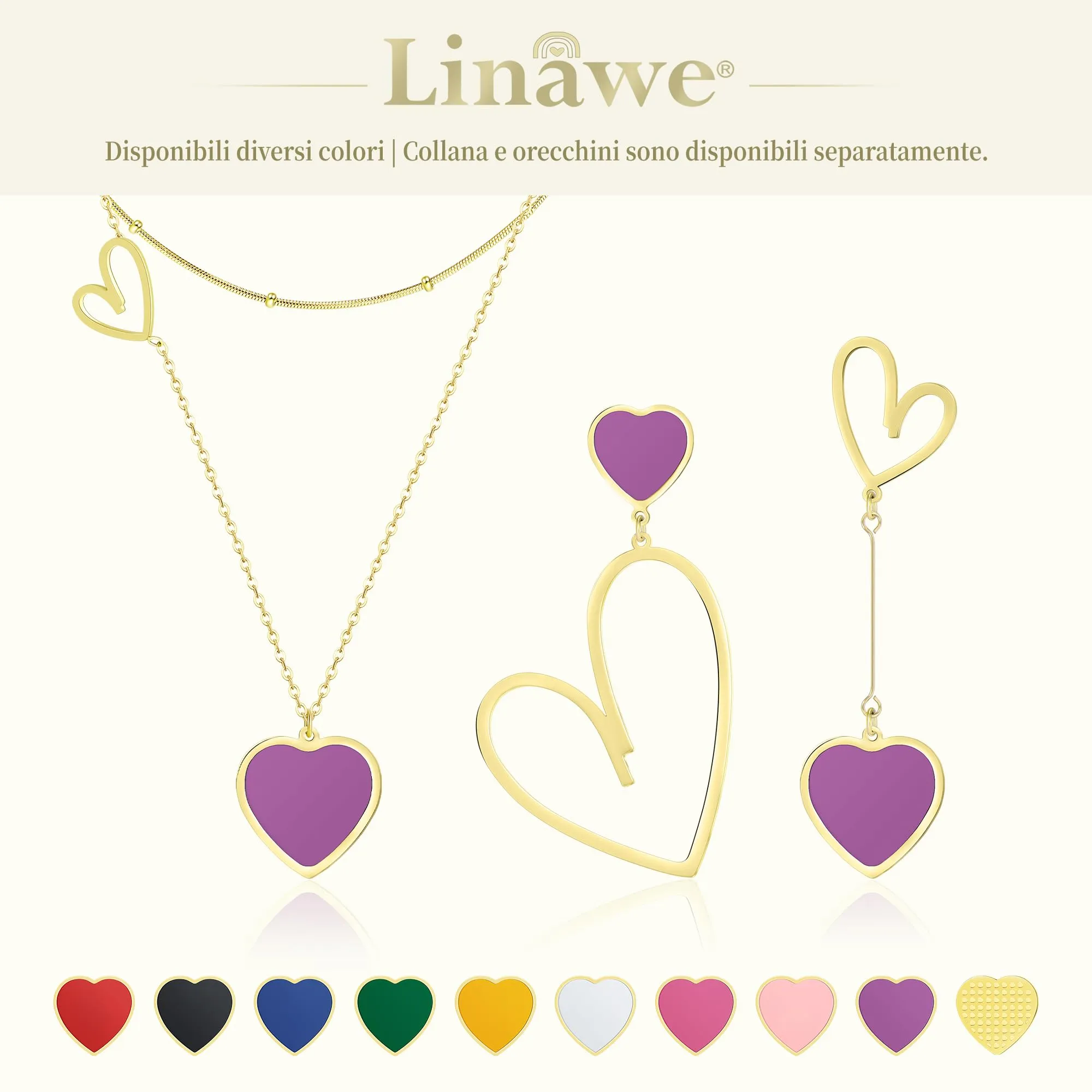 Linawe Collana a Cuore Viola Placcato in Oro in Acciaio Inossidabile - immagine 6