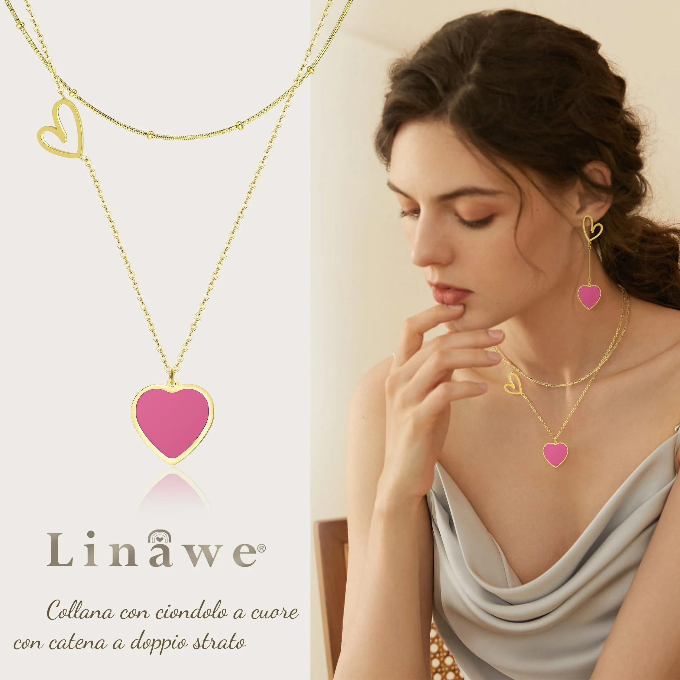 Linawe Collana a cuore da donna a strati in acciaio inossidabile placcato oro - immagine 2