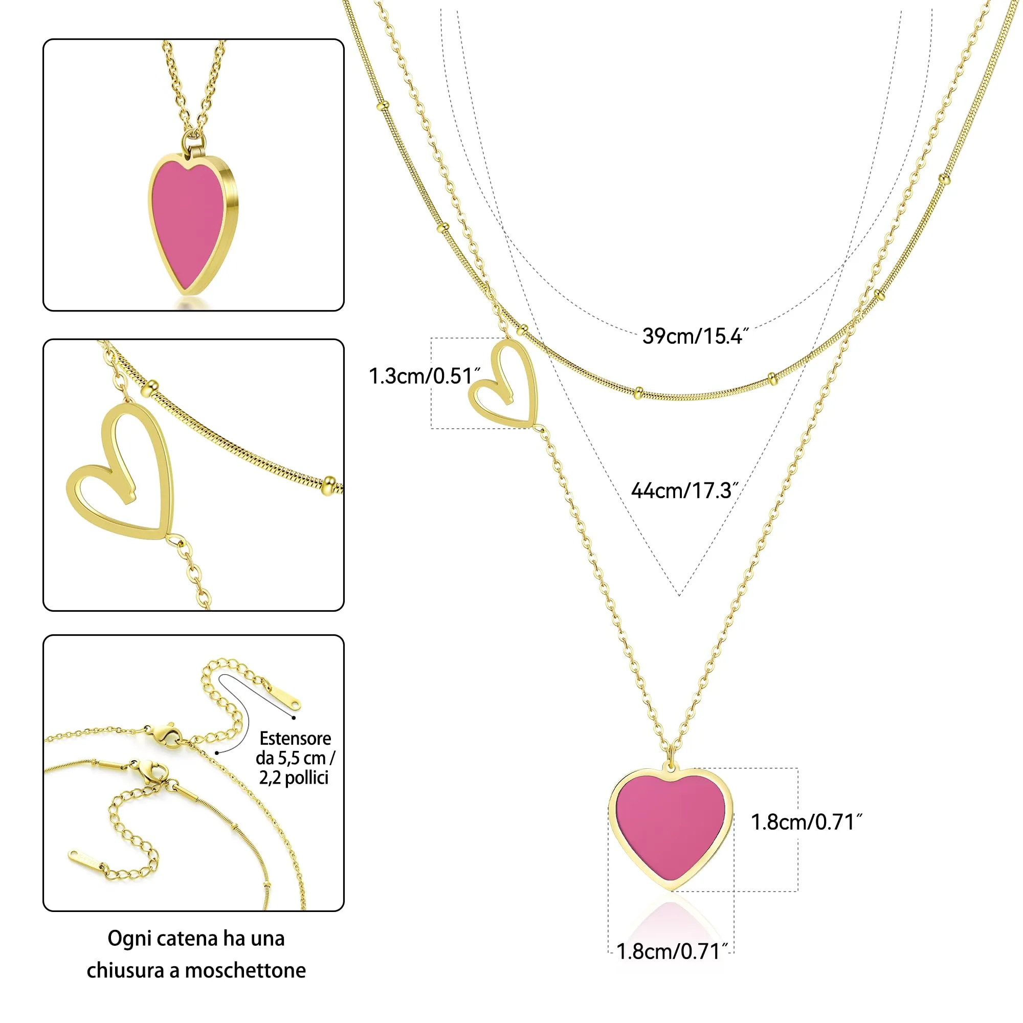 Linawe Collana a cuore da donna a strati in acciaio inossidabile placcato oro - immagine 5