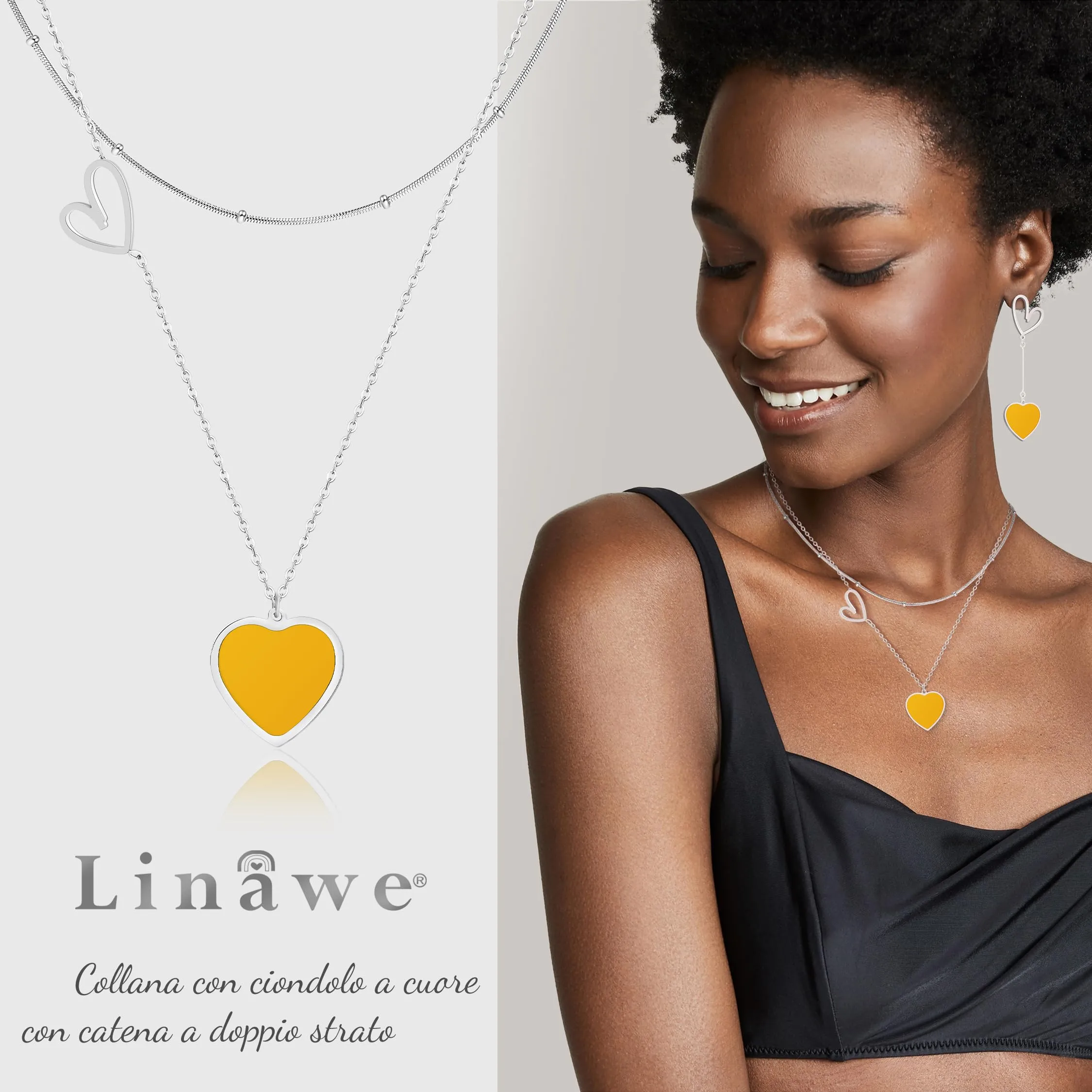 Linawe Set di Collane a Strati con Ciondolo a Cuore in Acciaio Inossidabile, Argento e Giallo - immagine 2