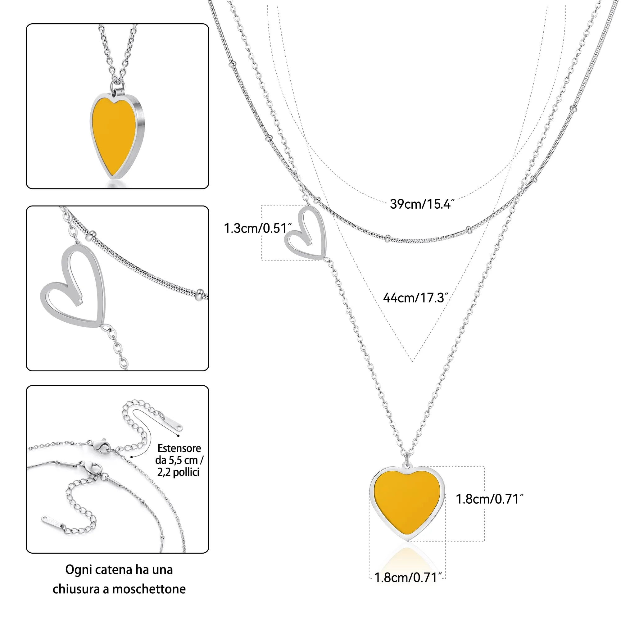 Linawe Set di Collane a Strati con Ciondolo a Cuore in Acciaio Inossidabile, Argento e Giallo - immagine 5