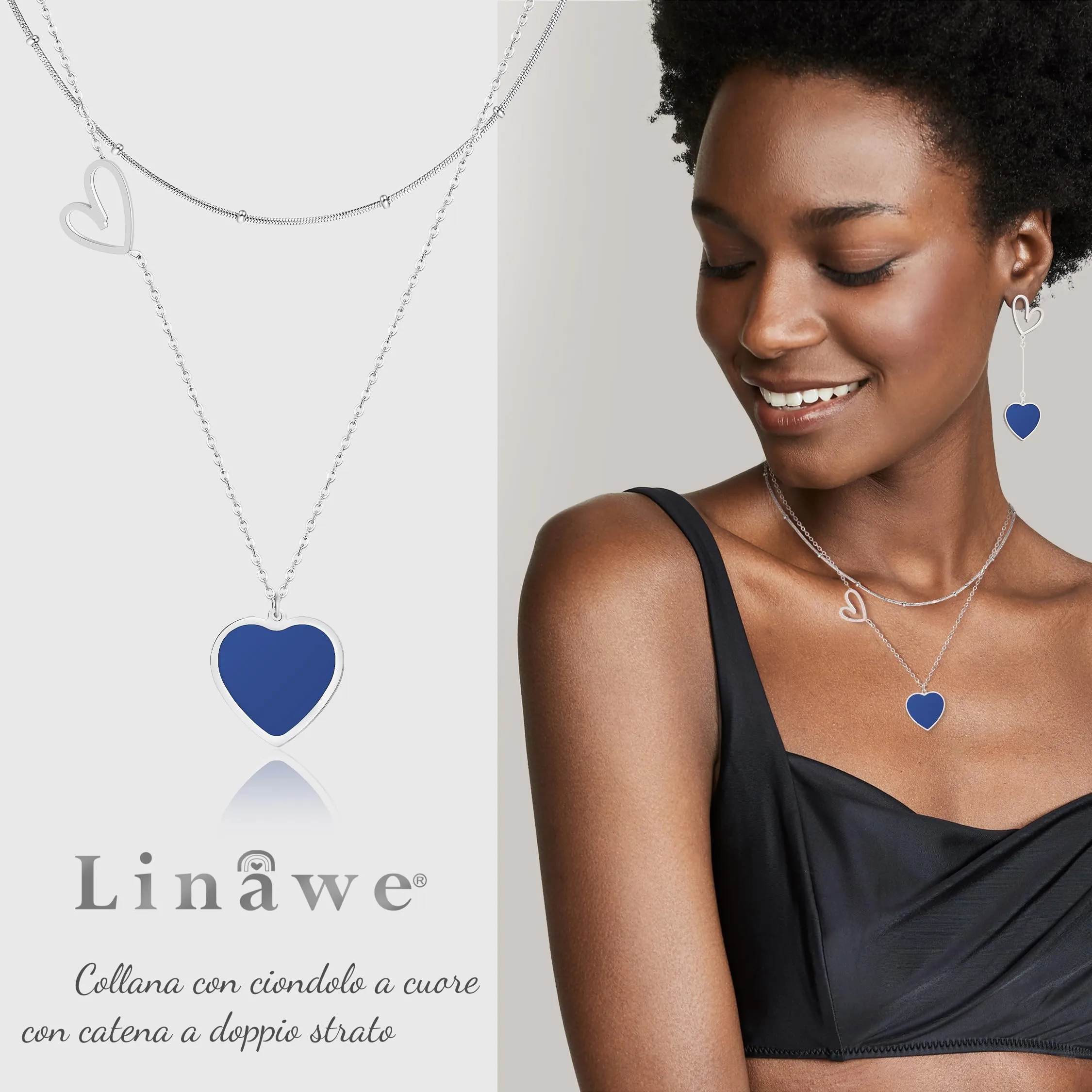 Linawe Collana a Doppio Strato con Ciondolo a Cuore in Acciaio Inossidabile, Argento - immagine 2