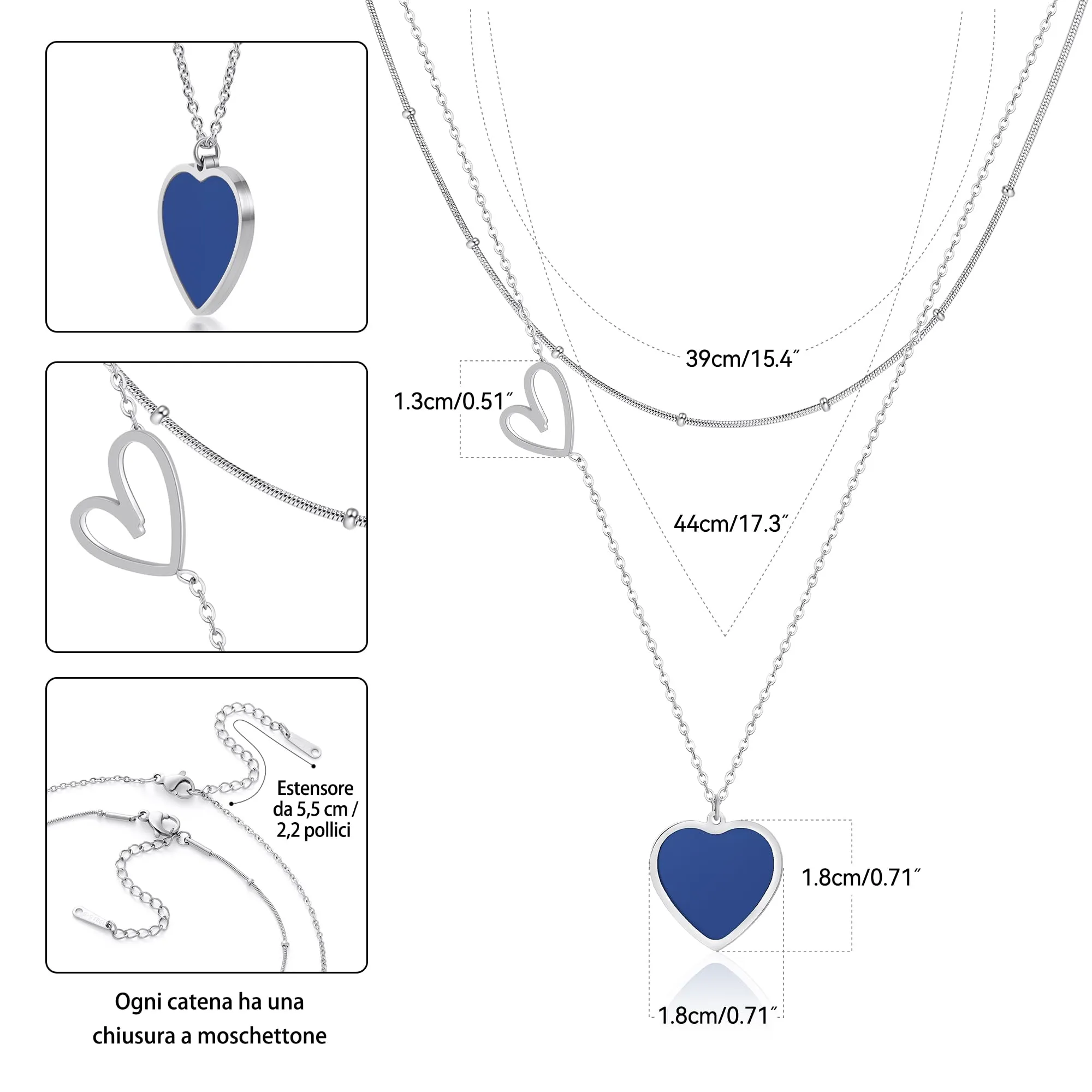 Linawe Collana a Doppio Strato con Ciondolo a Cuore in Acciaio Inossidabile, Argento - immagine 5