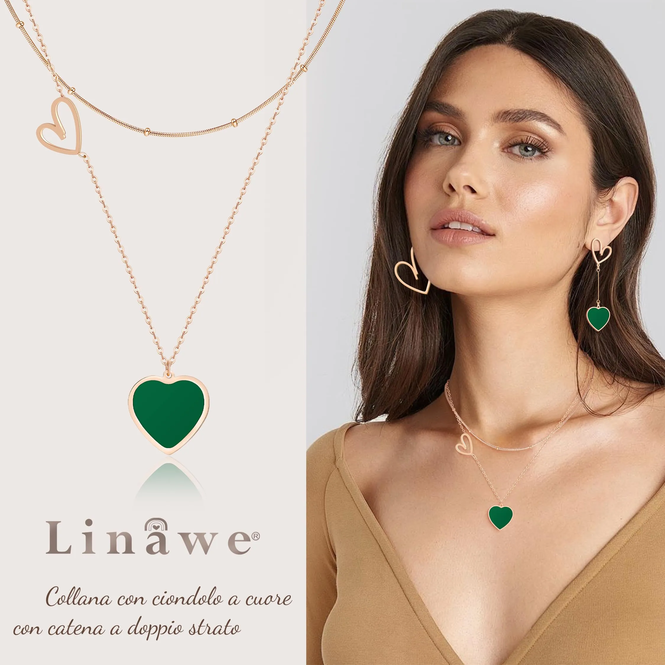 Linawe Collana a Cuore Verde da Donna in Acciaio Inossidabile a Strati - immagine 2
