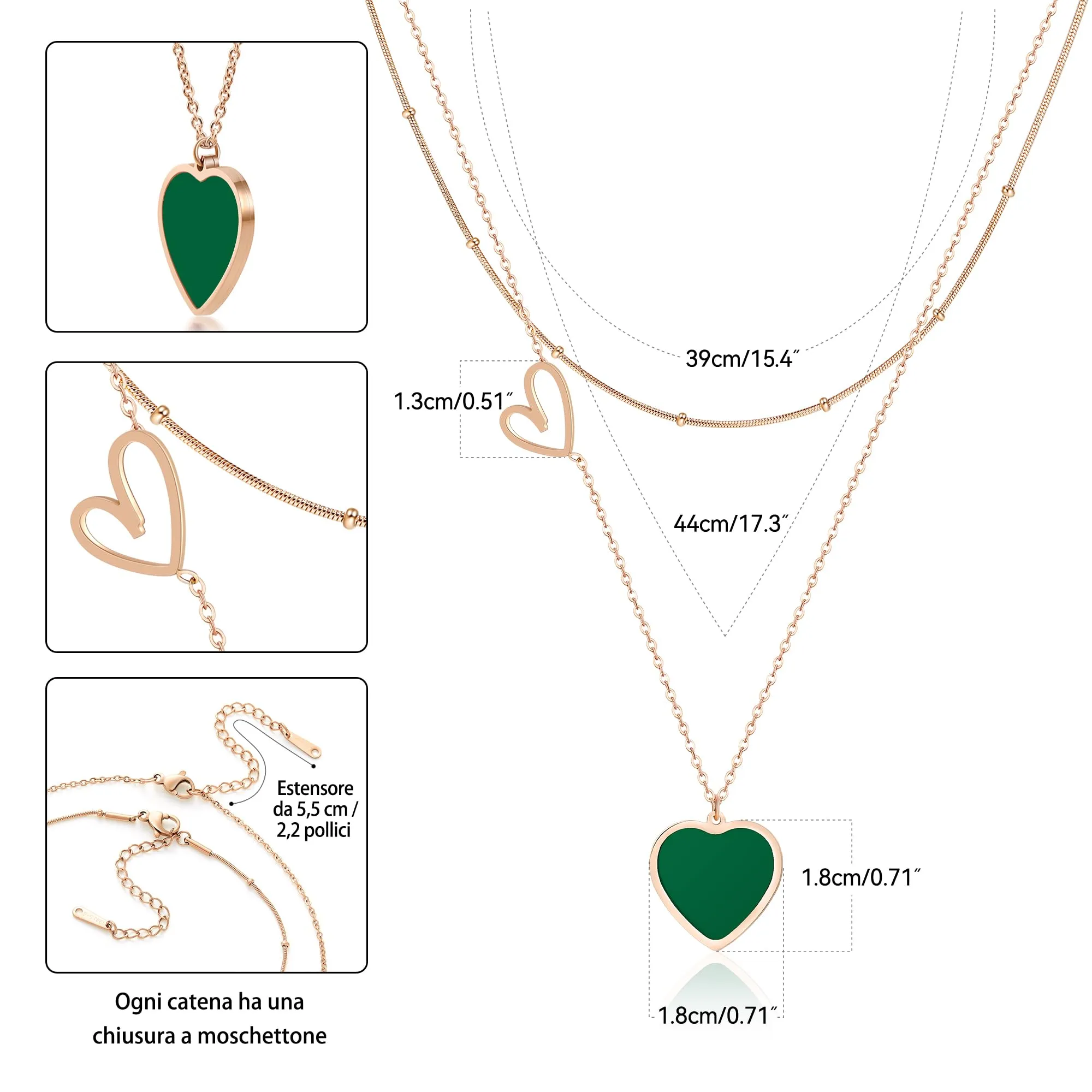 Linawe Collana a Cuore Verde da Donna in Acciaio Inossidabile a Strati - immagine 5