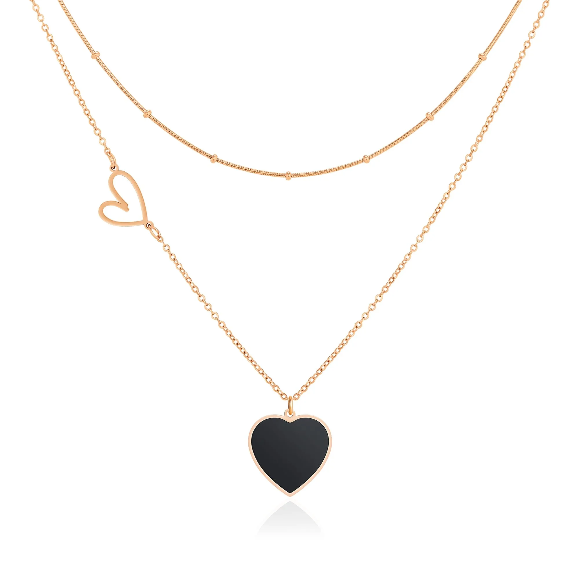 Linawe Collana a cuore a strati in acciaio inossidabile, Nero e Oro rosa - immagine 1