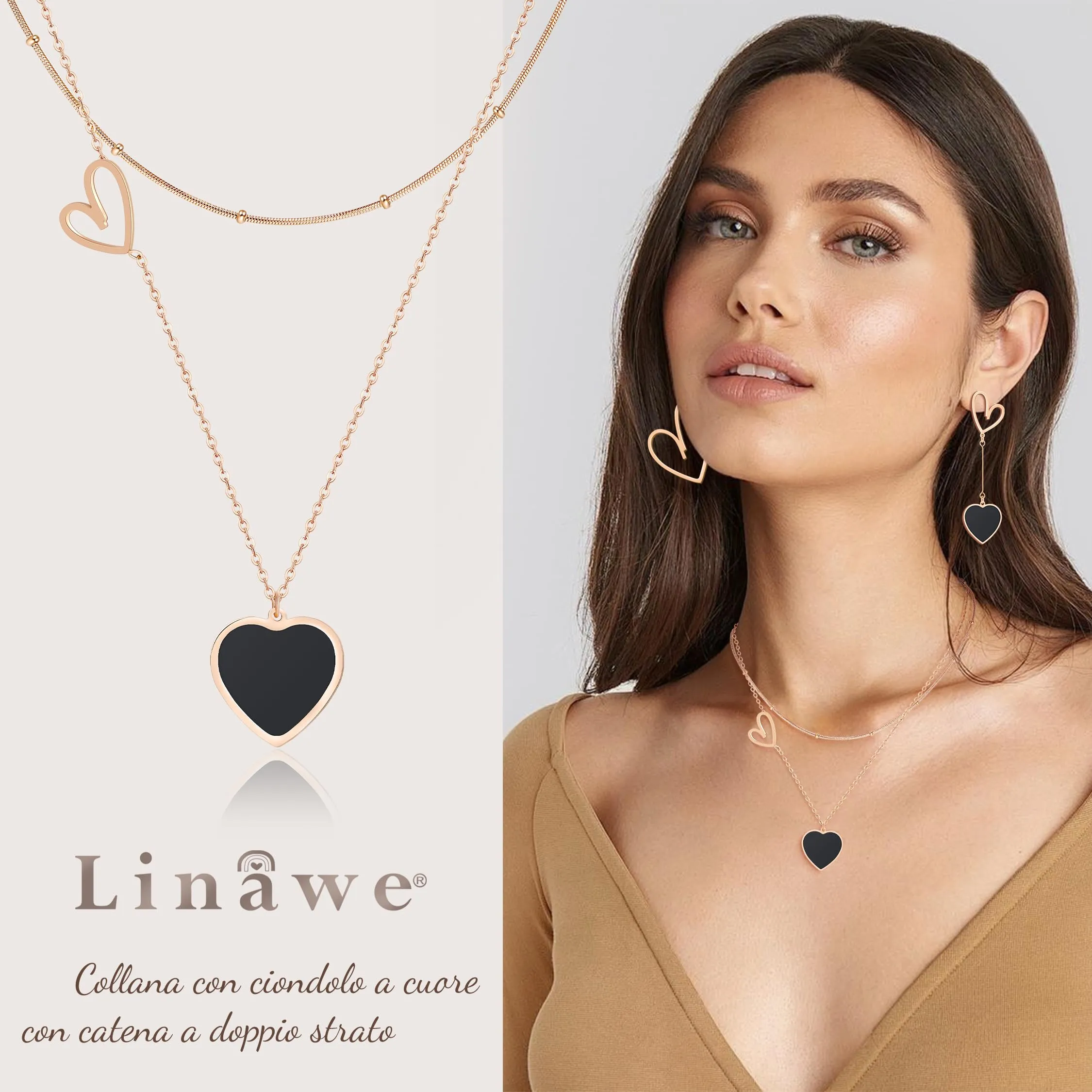 Linawe Collana a cuore a strati in acciaio inossidabile, Nero e Oro rosa - immagine 2
