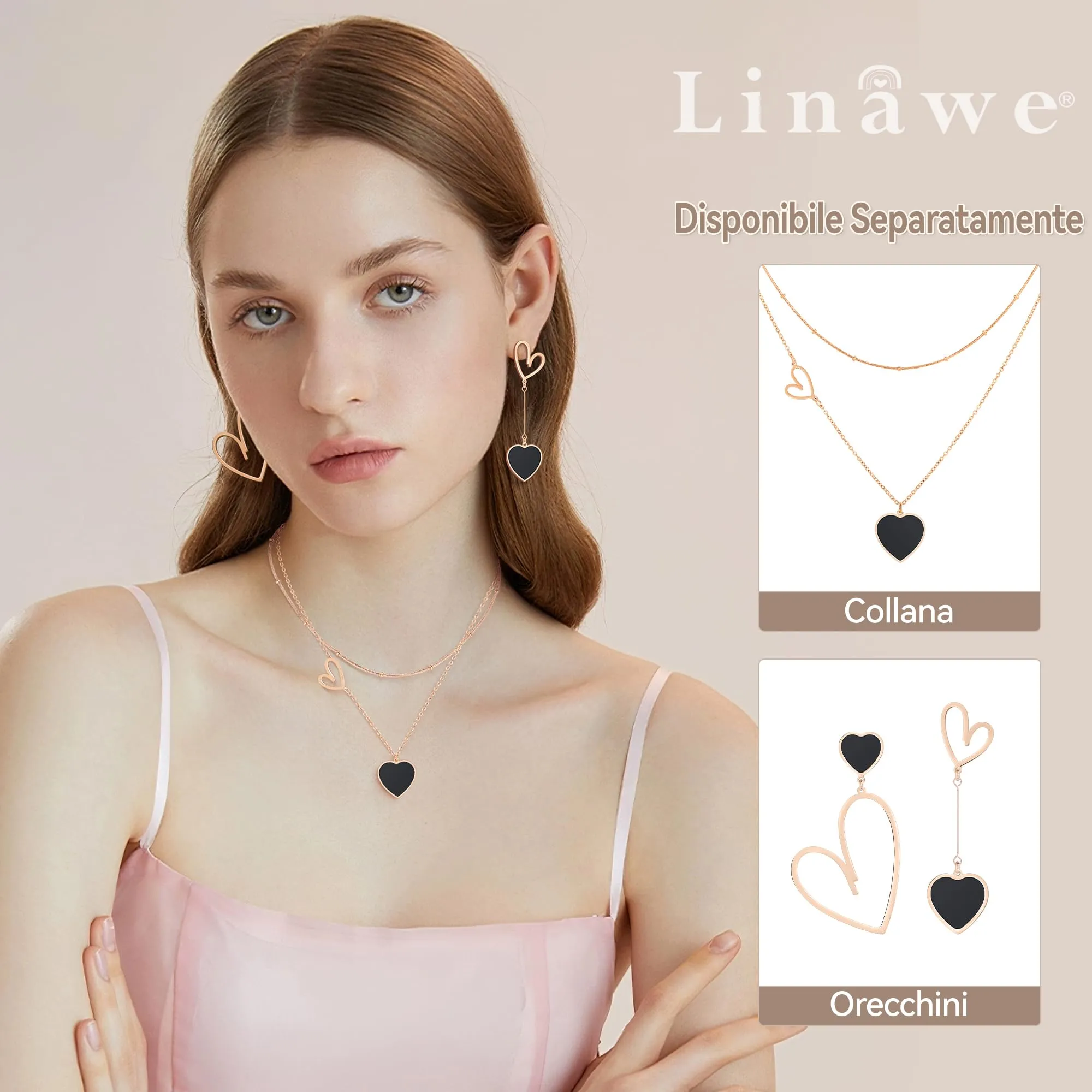 Linawe Collana a cuore a strati in acciaio inossidabile, Nero e Oro rosa - immagine 3