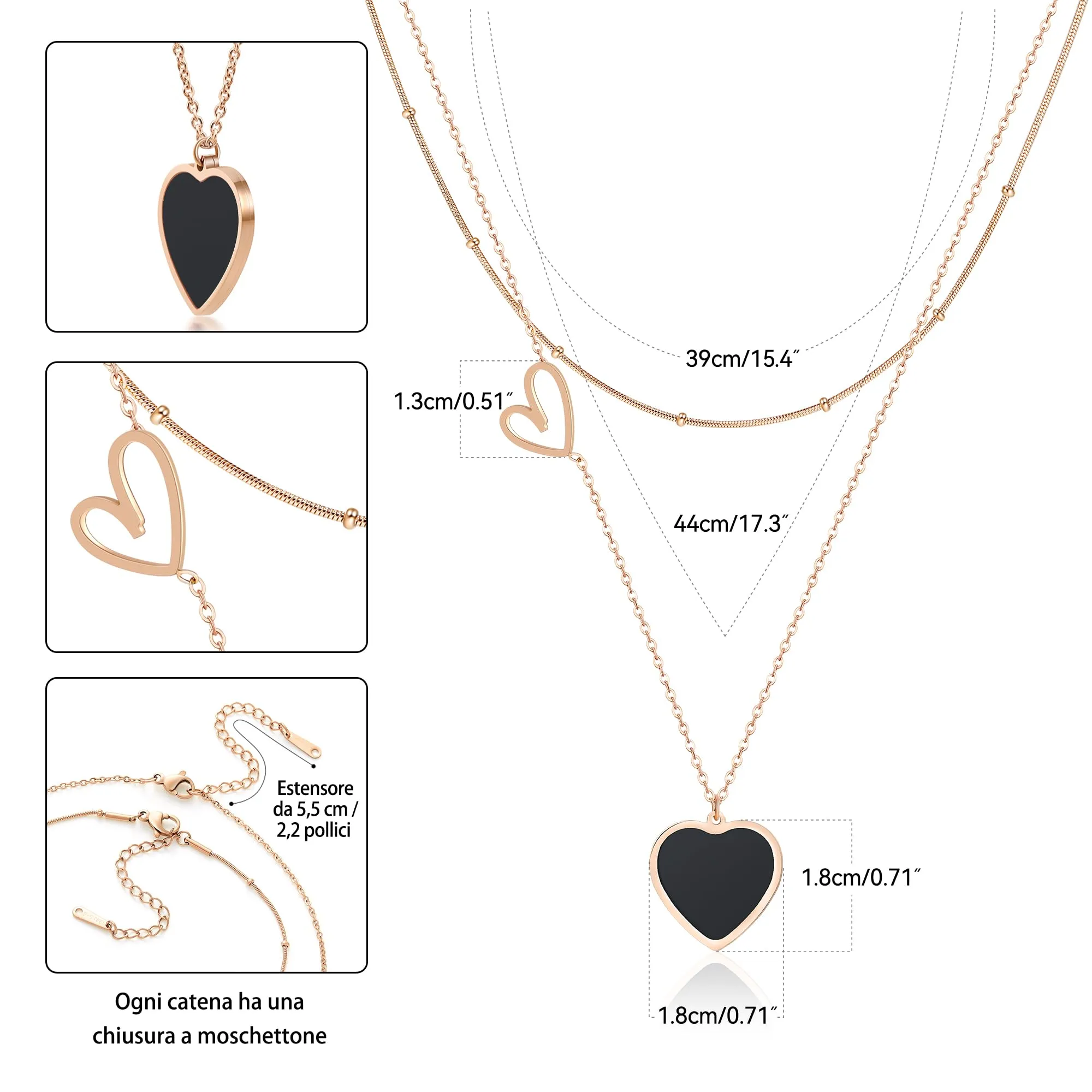 Linawe Collana a cuore a strati in acciaio inossidabile, Nero e Oro rosa - immagine 5