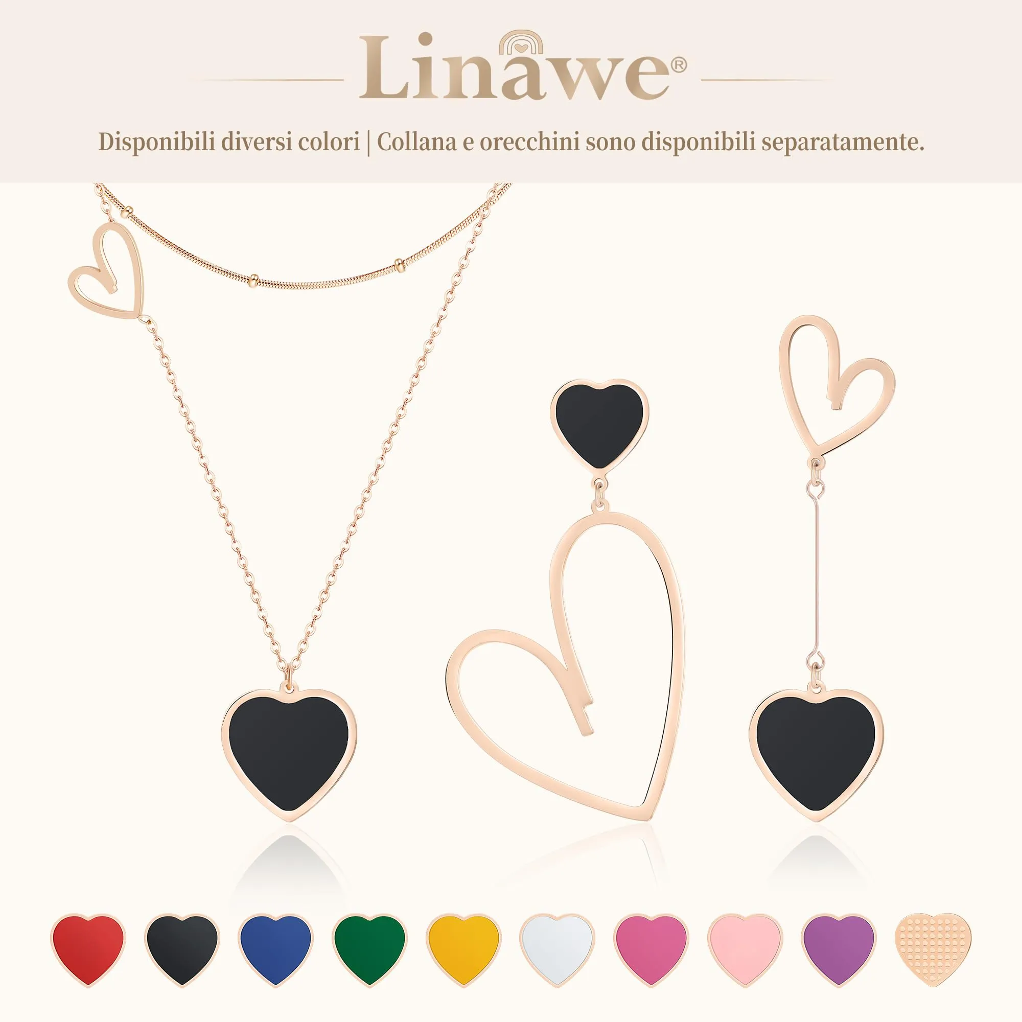 Linawe Collana a cuore a strati in acciaio inossidabile, Nero e Oro rosa - immagine 6