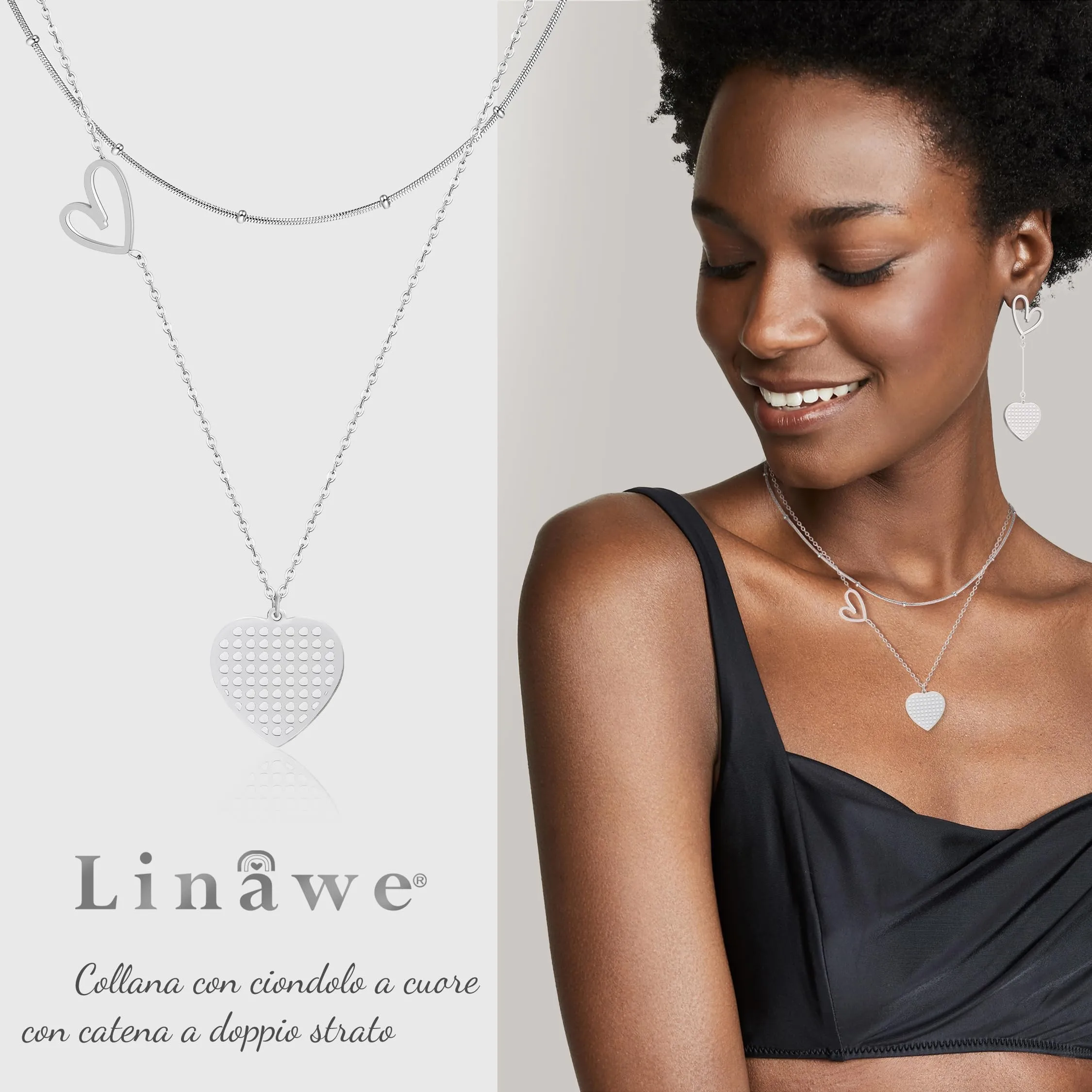 Linawe Collana a cuore a strati in acciaio inossidabile argento - immagine 2