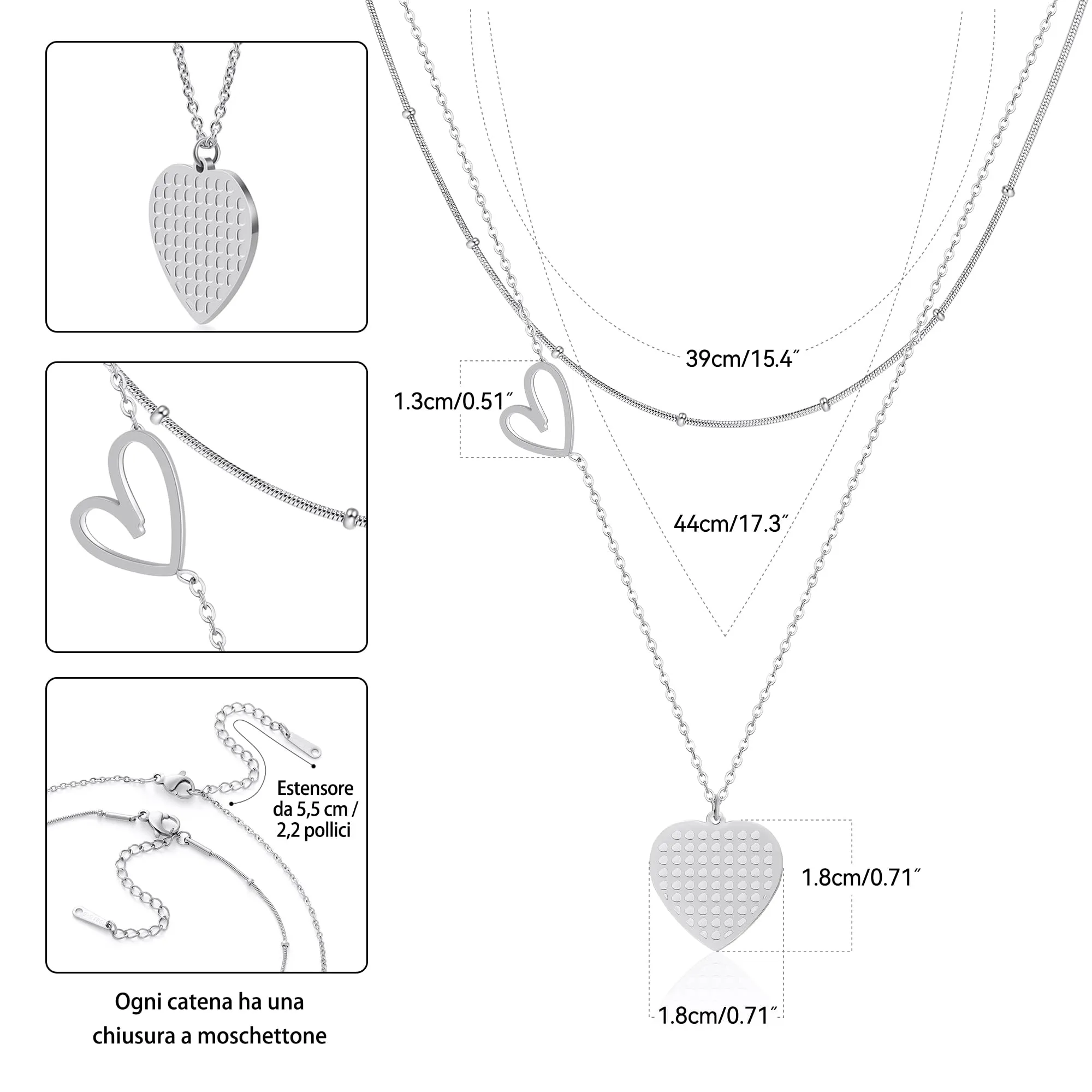 Linawe Collana a cuore a strati in acciaio inossidabile argento - immagine 5