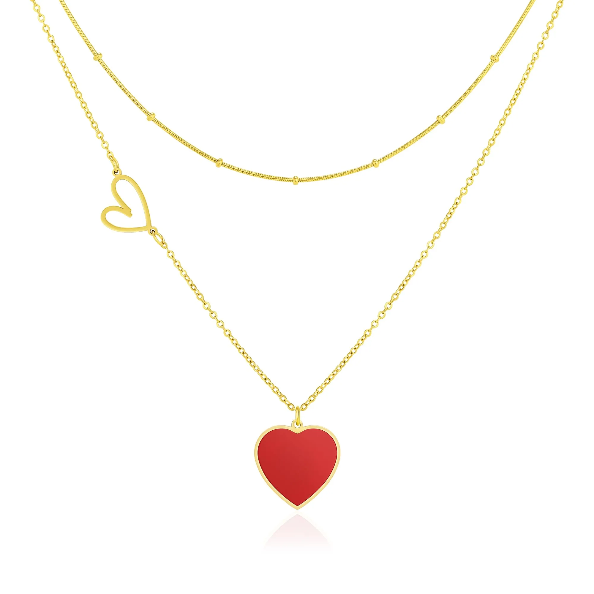 Linawe Collana a catena a strati con ciondolo a cuore rosso in acciaio inossidabile placcato oro - immagine 1