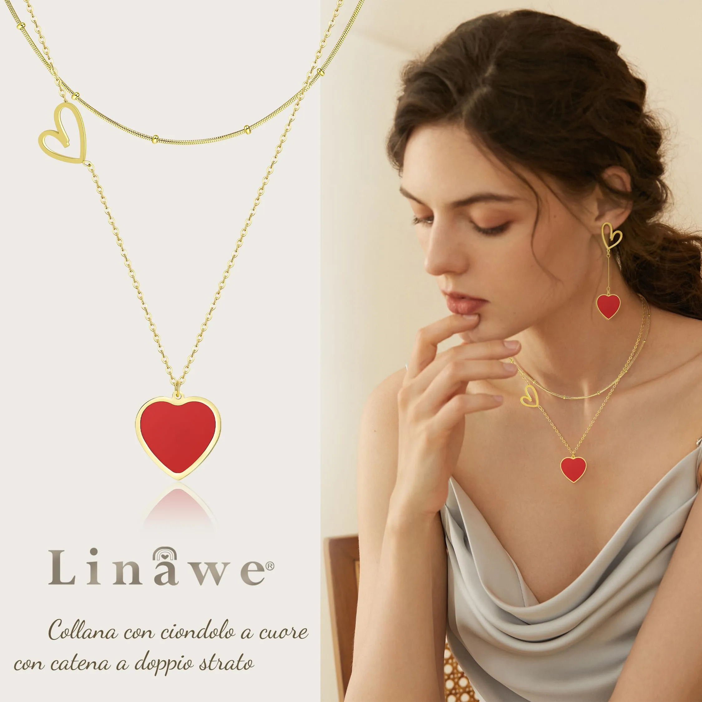 Linawe Collana a catena a strati con ciondolo a cuore rosso in acciaio inossidabile placcato oro - immagine 2