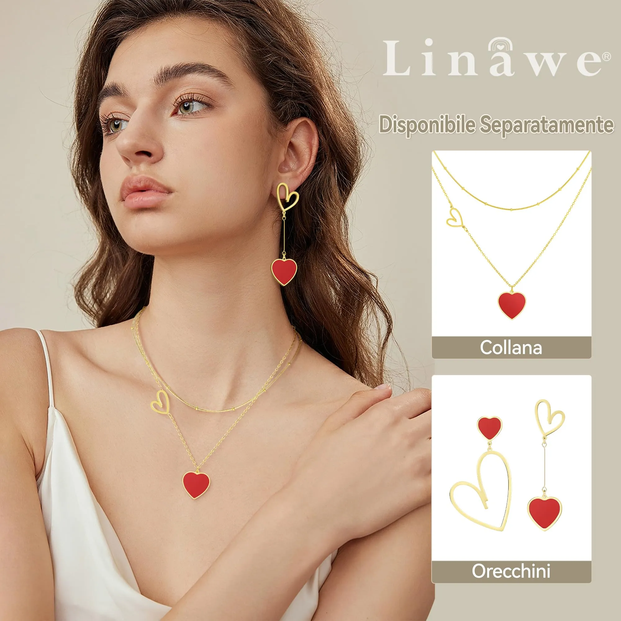 Linawe Collana a catena a strati con ciondolo a cuore rosso in acciaio inossidabile placcato oro - immagine 3