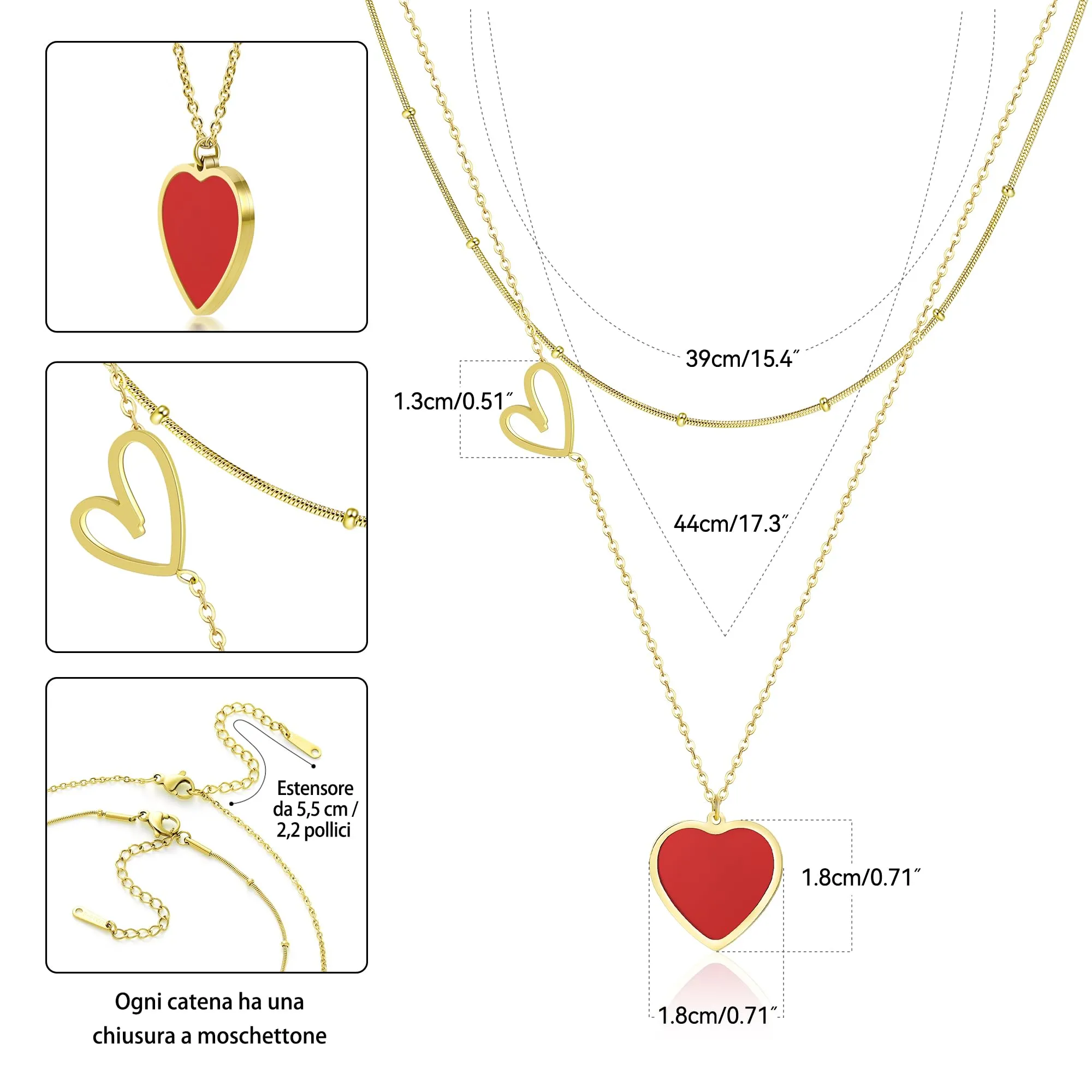 Linawe Collana a catena a strati con ciondolo a cuore rosso in acciaio inossidabile placcato oro - immagine 5