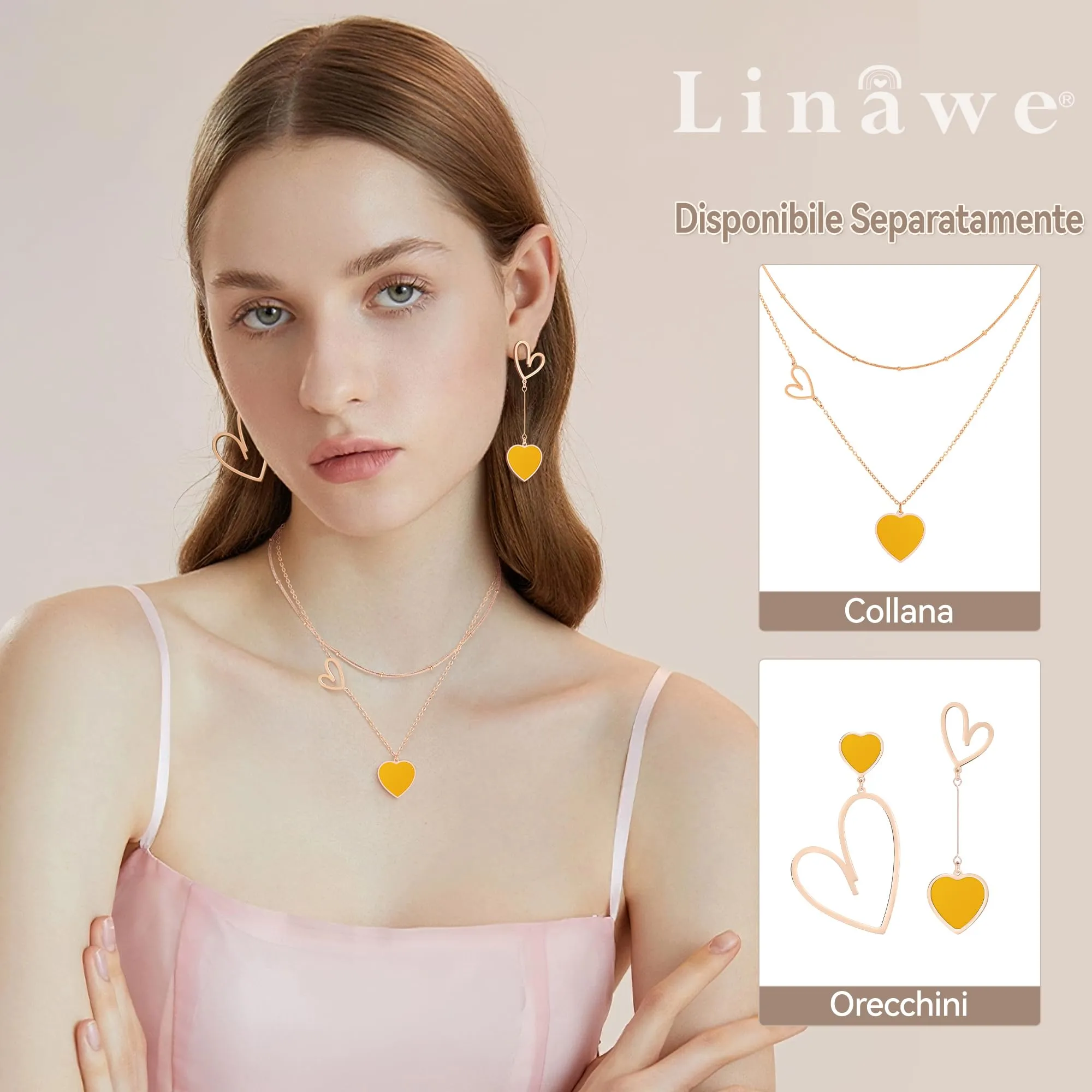 Linawe Collana a catena a cuore a strati in acciaio inossidabile, Oro rosa e Giallo - immagine 3