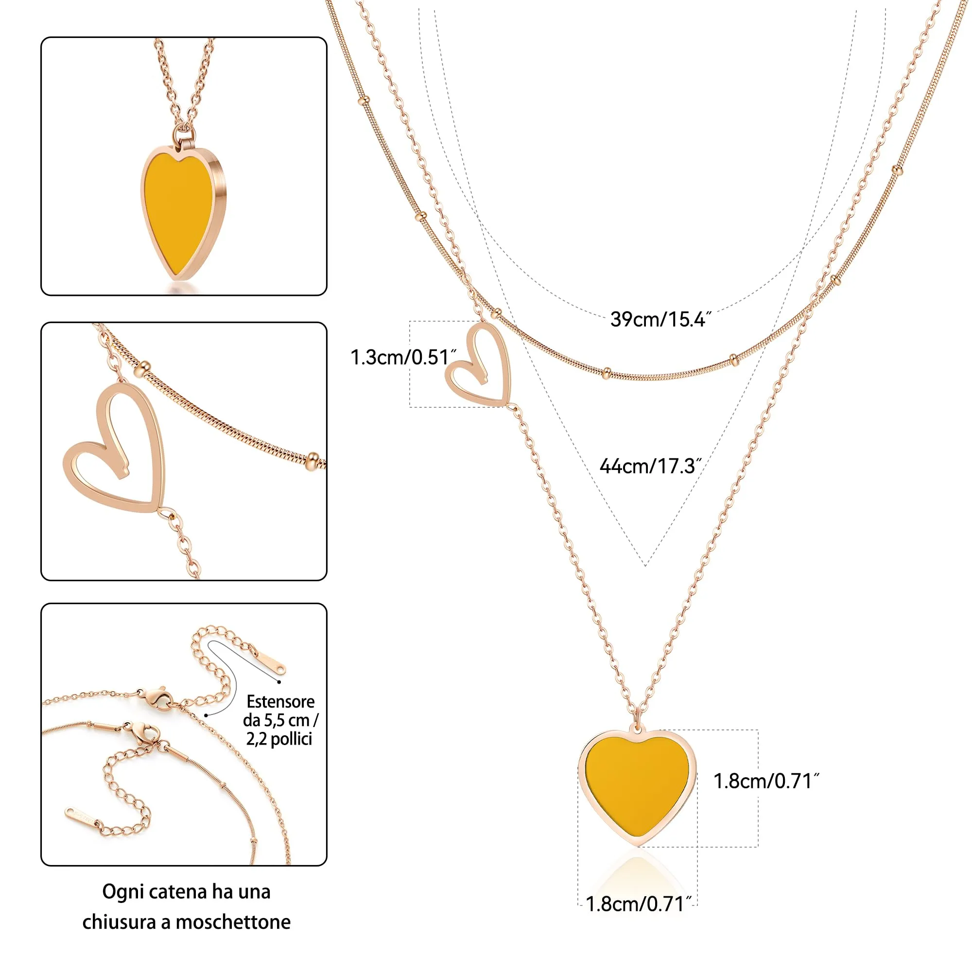 Linawe Collana a catena a cuore a strati in acciaio inossidabile, Oro rosa e Giallo - immagine 5
