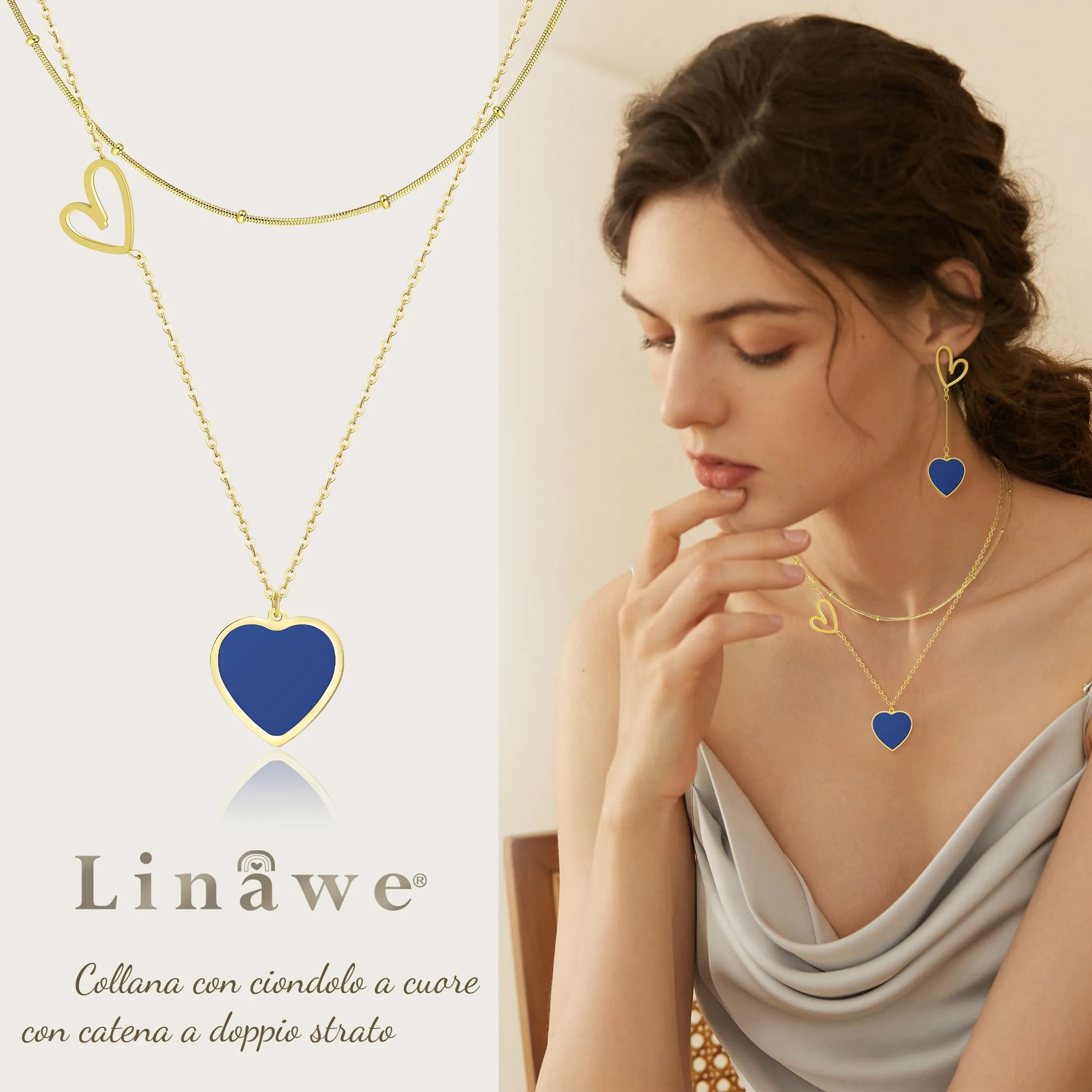 Linawe Collana a Cuore Blu da Donna in Acciaio Inossidabile Placcato Oro, Set a Strati con Ciondolo - immagine 2